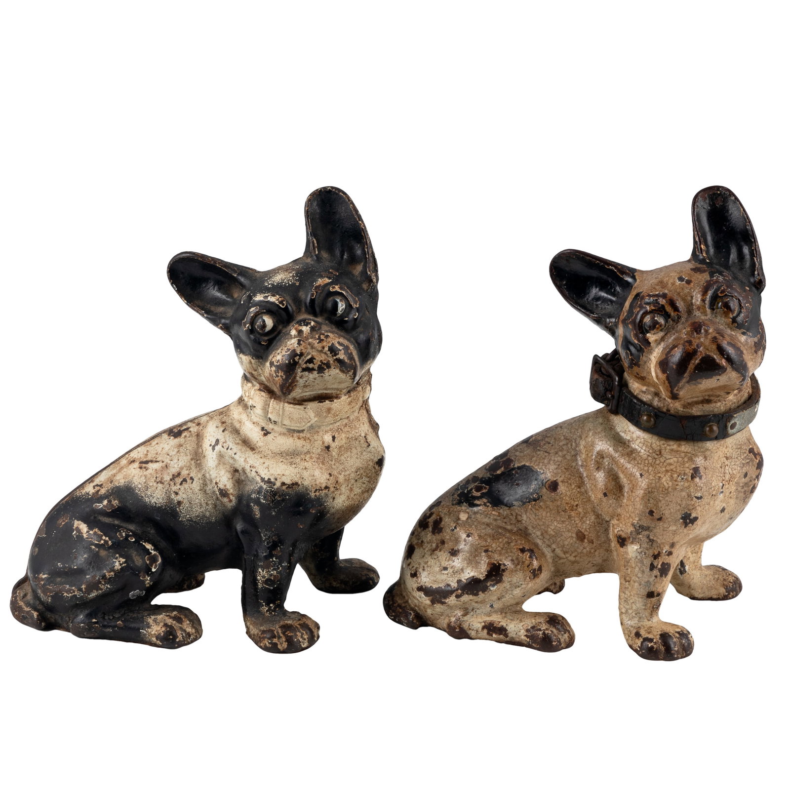 Hubley French Bulldog Doorstops: Hubley French Bulldog Doorstops Two Hubley French Bulldog painted cast iron doorstops, one with leather dog collar. Each: 8in. x 9in x 4in Condition: Overall paint chipping consistent with age and