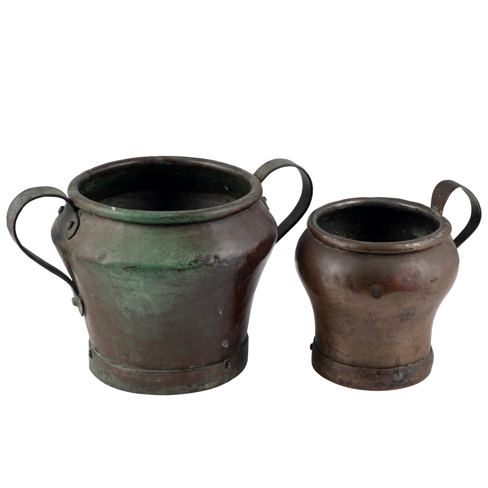 Copper Pot and Tavern Jug: Copper Pot and Tavern Jug A heavy-duty copper double-handled pot and tavern jug, each with riveted strap handles and reinforced base. Late 19th century. Largest: 8in. x 13 1/2in x 9 1/2in (20 1/4cm.