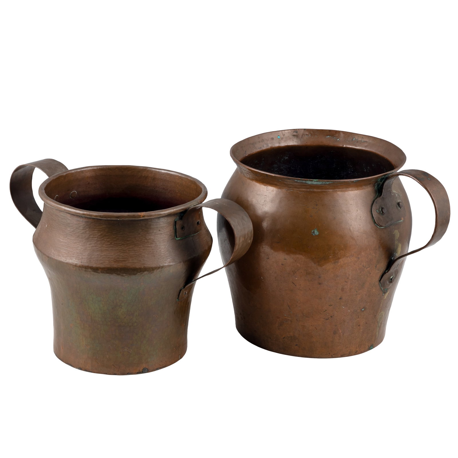 Hammered Copper Pitcher and Basin: Hammered Copper Pitcher and Basin A hammered copper pitcher together with a double-handled hammered copper pot or basin, each with riveted strap handles. Early 20th century. Largest: 9 1/2in. x 13in x