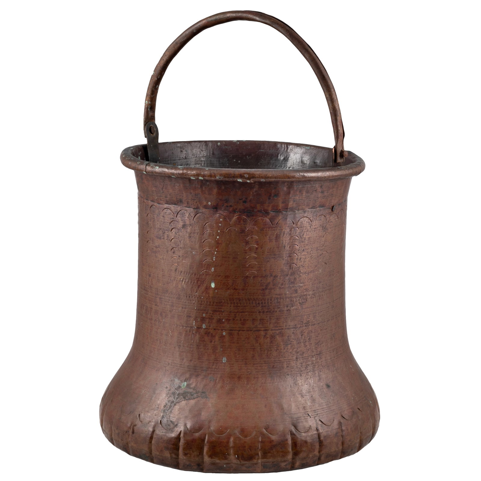 Large Antique Persian Copper Water Bucket: Large Antique Persian Copper Water Bucket Large antique Persian hammered copper water bucket having incised semi-circle decoration and a single hinged handle. Late 18th / early 19th century. 17in. x