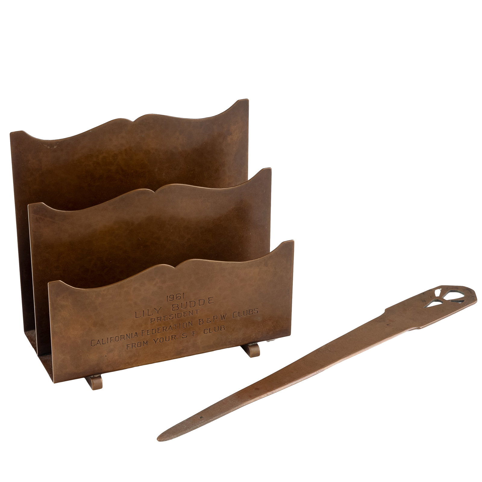 Dirk Van Erp Copper Letter Holder and Letter Opener: Dirk Van Erp Copper Letter Holder and Letter Opener Dirk Van Erp hammered copper presentation letter holder, executed by William Van Erp, inscribed: '1961, Lily Budde, President, California
