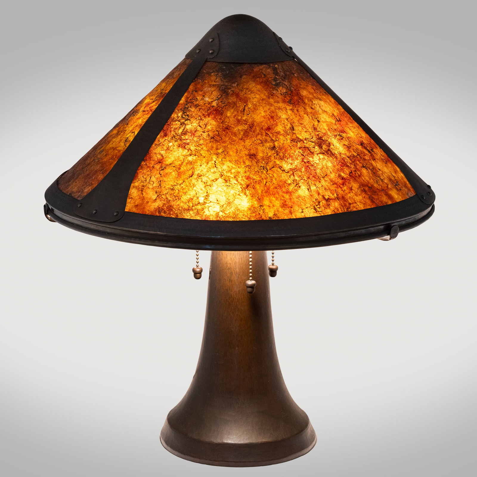 Dirk Van Erp Arts & Crafts Hammered Copper Table Lamp: Dirk Van Erp Arts & Crafts Hammered Copper Table Lamp Dirk Van Erp (1860 - 1933) hammered copper three socket table lamp with mica shade. Impressed open-box windmill mark to underside 'San Francisco /