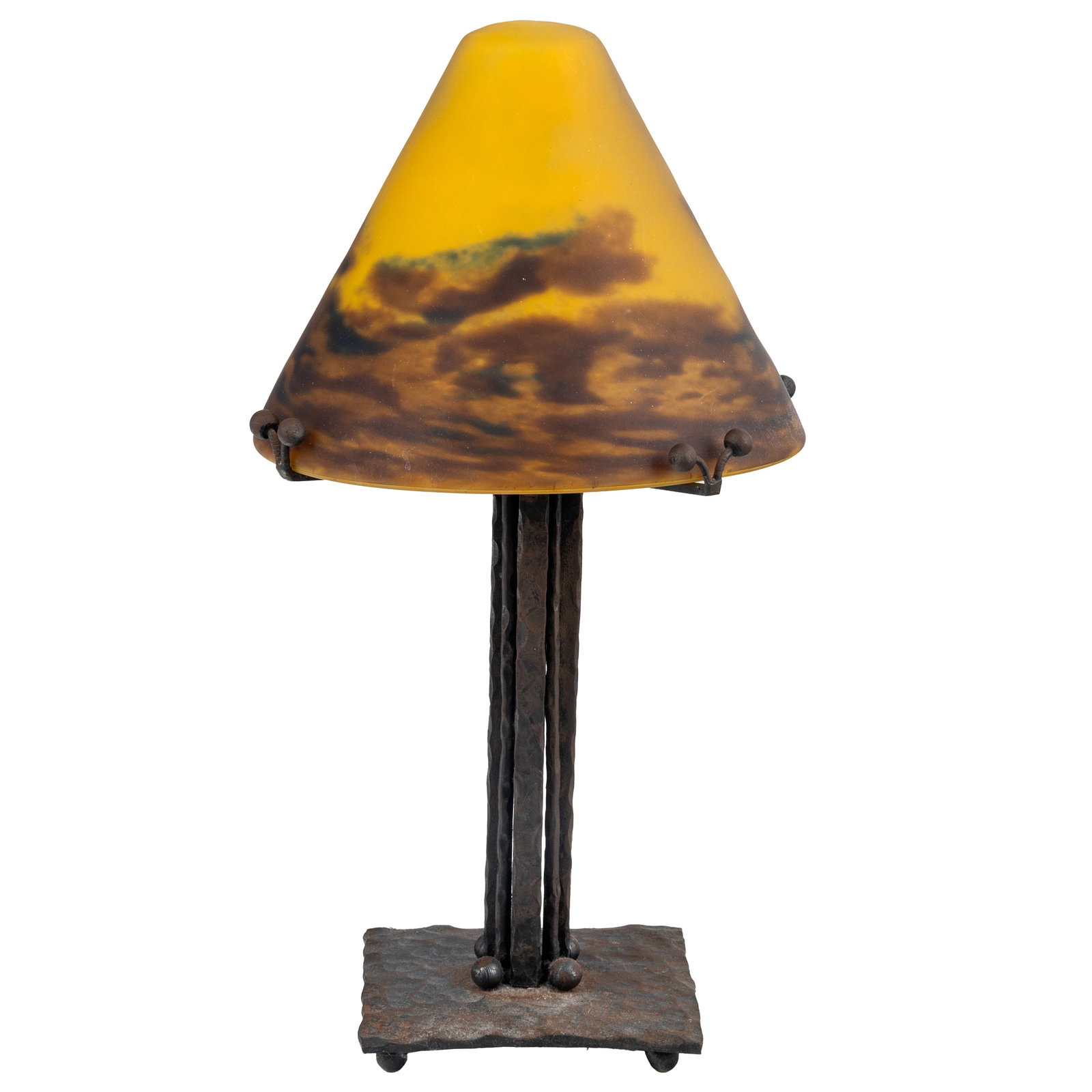 A Degue Mottled Glass and Patinated Metal Boudoir Lamp (1 of 8)