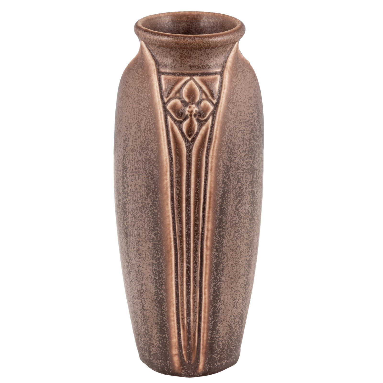 Rookwood Pottery Vase, 1924: Rookwood Pottery Vase, 1924 A Rookwood pottery vase executed with a mottled tan glaze and having an all-around stylized flora and fauna design. Base with impressed factory mark, date mark XXIV, and
