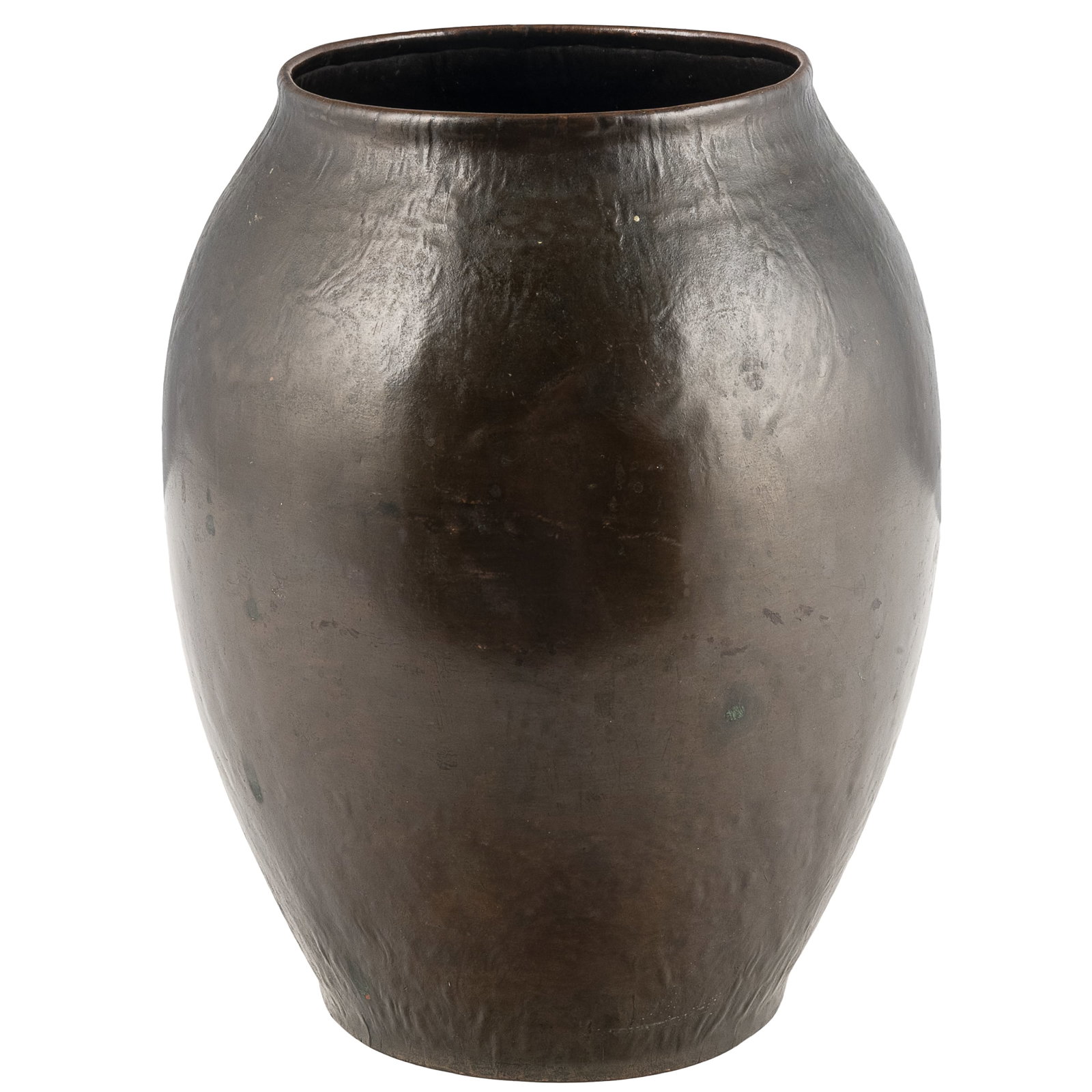 School of Dirk Van Erp Hammered Copper Vase: School of Dirk Van Erp Hammered Copper Vase School of Dirk Van Erp, copper vase with sinewy-warty hammering and a greenish patina. Having a rolled rim on a raised foot. Unmarked. 8in. x 6in (20