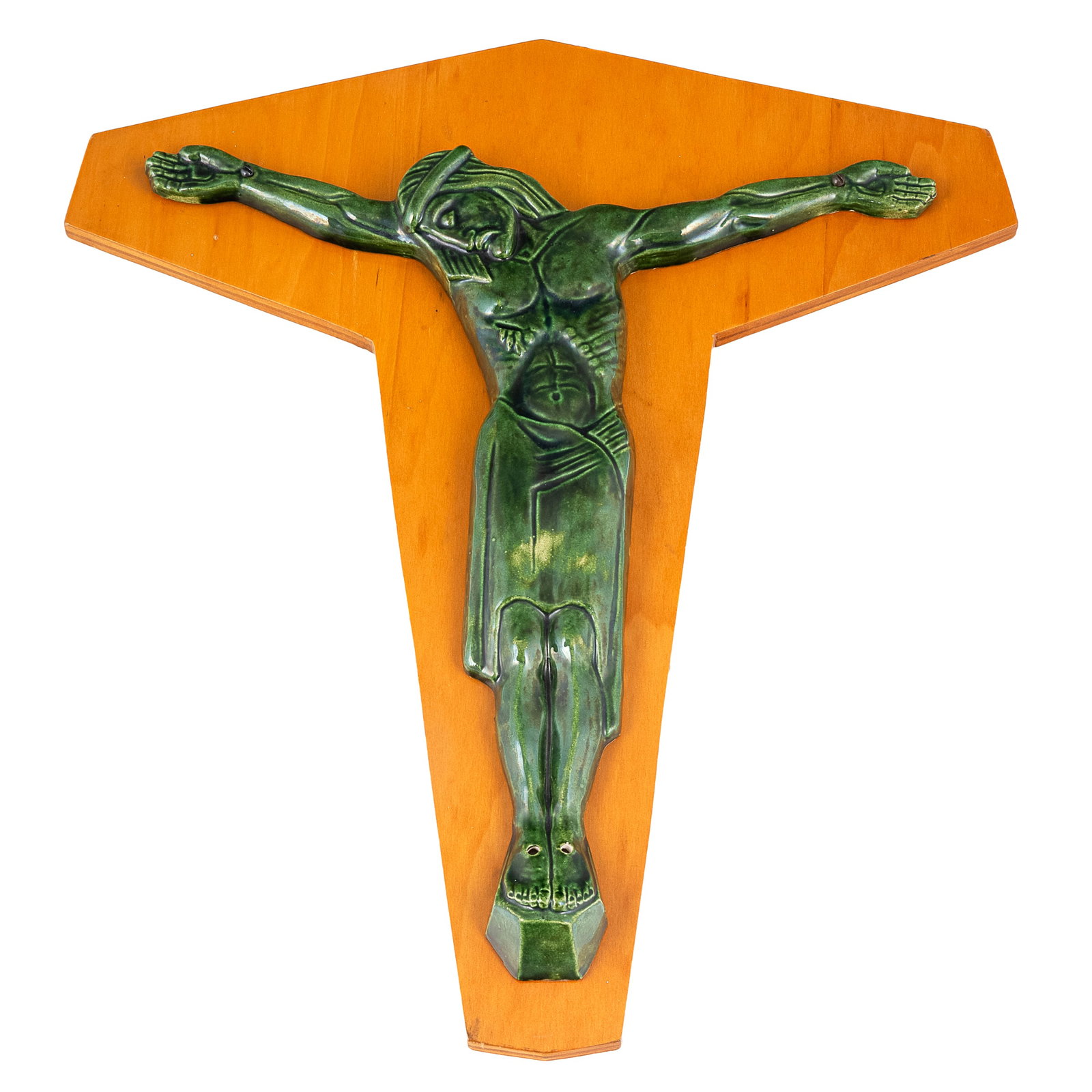 Art Pottery Crucifix: Art Pottery Crucifix Mid-century green glazed art pottery crucifix figure on wooden cross-form wall mount. Unsigned / unmarked. 19in. x 17in x 1 1/2in (48cm. x 43cm x 4cm) Condition: Lacking two