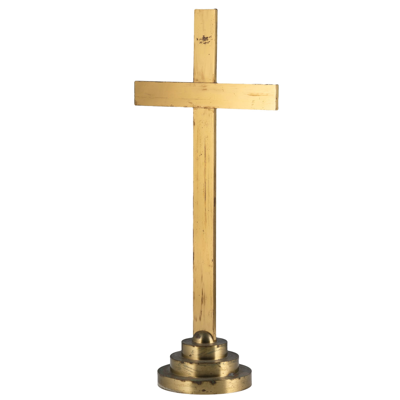 Large Brass Cross: Large Brass Cross Large solid brass Altar cross on weighted, stepped base. Unmarked. 30in. x 13 1/2in x 7 1/2in (76cm. x 34 1/4cm x 19cm) Condition: Some surface rubbing and surface grime.