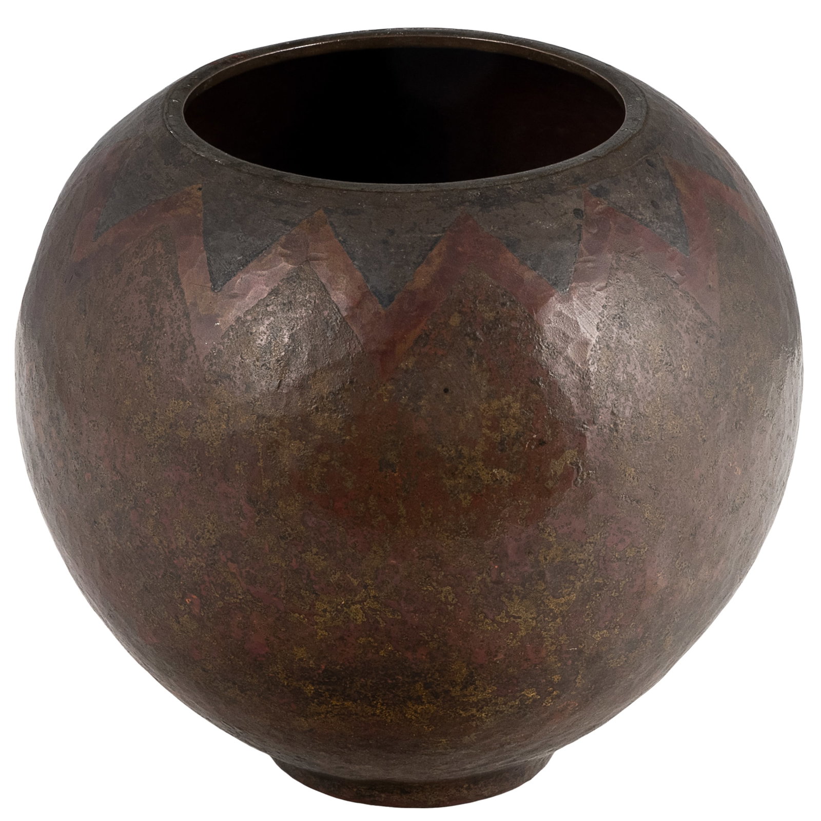 Claude Linossier Dinanderie Vase: Claude Linossier Dinanderie Vase Claude Linossier (France, 1893 - 1953) hammered copper and mixed metals Art Deco Dinanderie vase. Incised mark 'CL-Linossier' to underside. 6 7/8in. x 7 3/4in (17cm.
