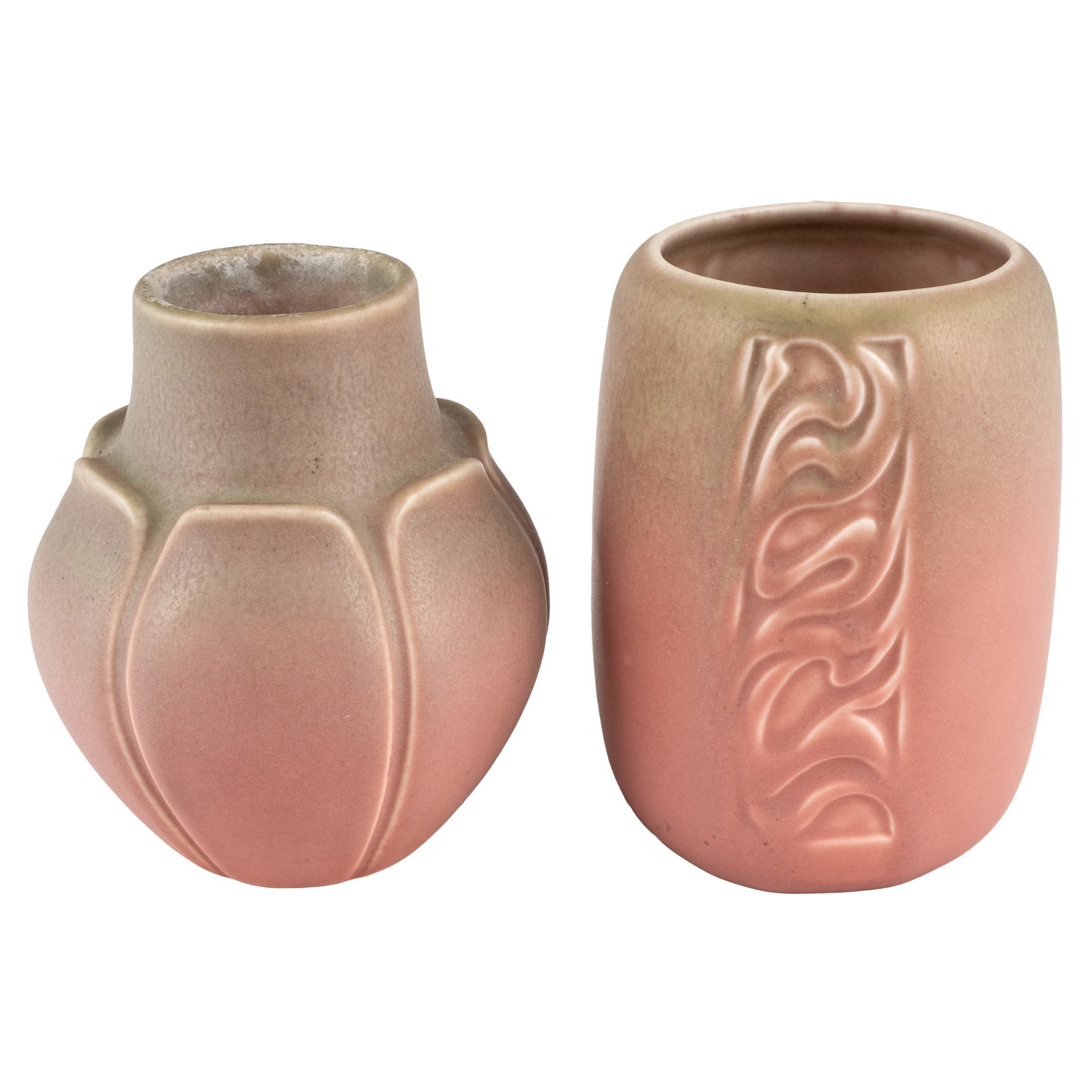 Rookwood Pottery Vases, 1920's: Rookwood Pottery Vases, 1920's Two Rookwood Pottery vases, the first executed in a moss green to pink mat glaze on a floriform body, impressed factory mark, date mark XXI, and 2095. Together with a mo