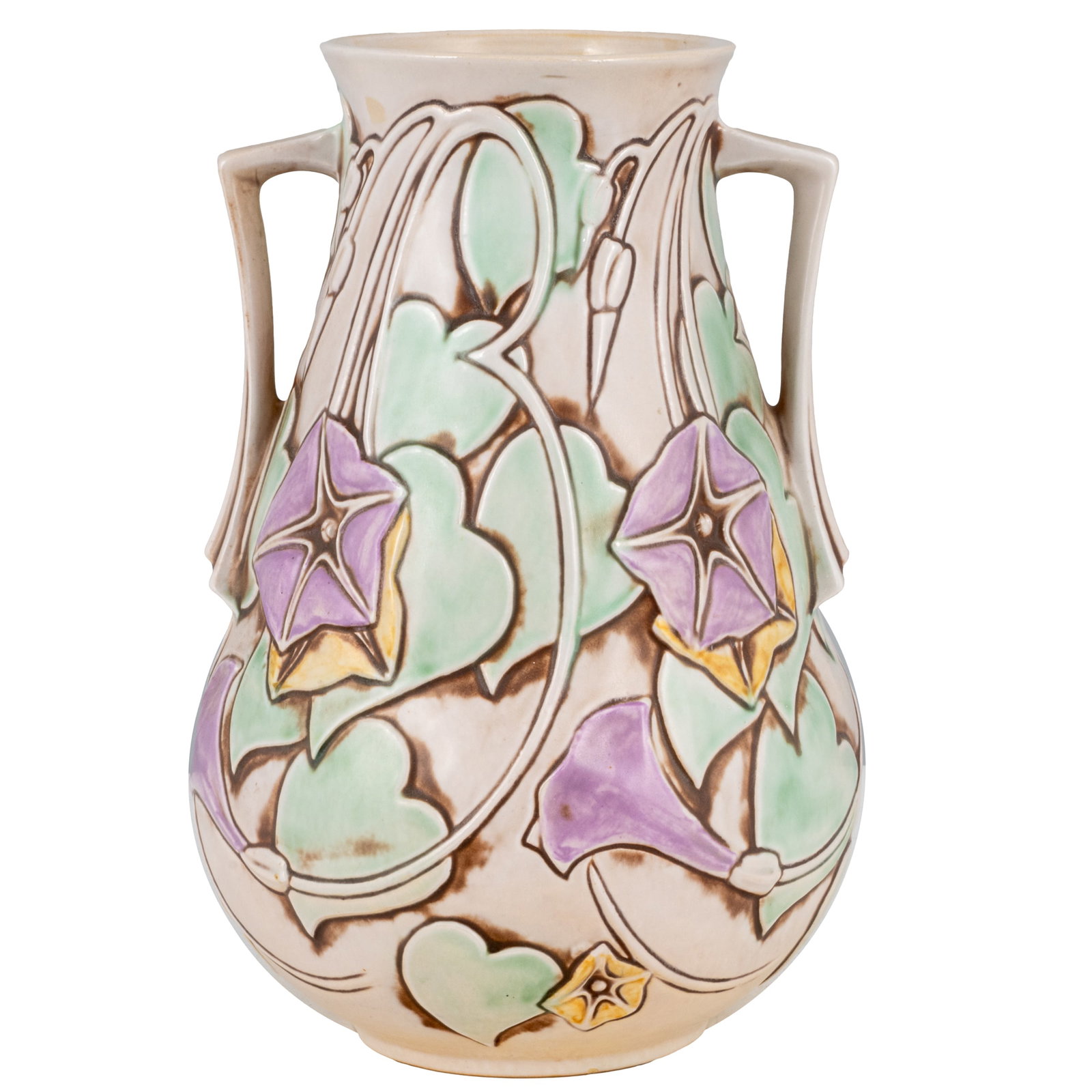 Roseville Pottery Morning Glory Vase: Roseville Pottery Morning Glory Vase Roseville Pottery Morning Glory vase in white, shape 730-10. Underglaze marks on bottom 'X' and '9'. 10 1/4in. x 7in (26cm. x 18cm)