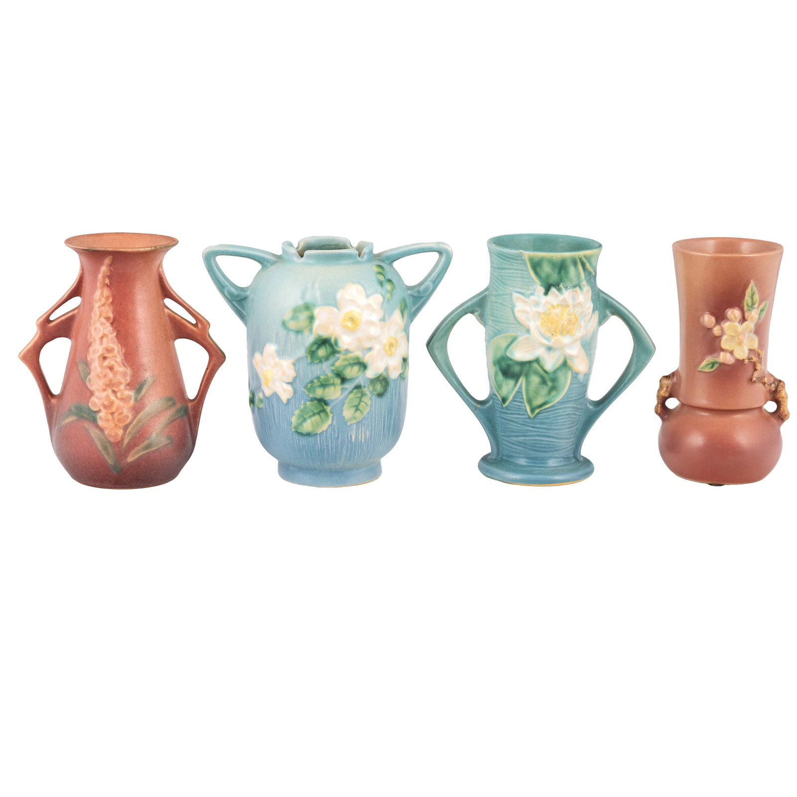 Roseville Pottery Vase Group: Roseville Pottery Vase Group Group of four Roseville two-handled vases, including 'Apple Blossom', 'Water Lily', 'White Rose', and 'Foxglove'. Each marked 'Roseville USA', and circa 1940. 6 1/4in. x