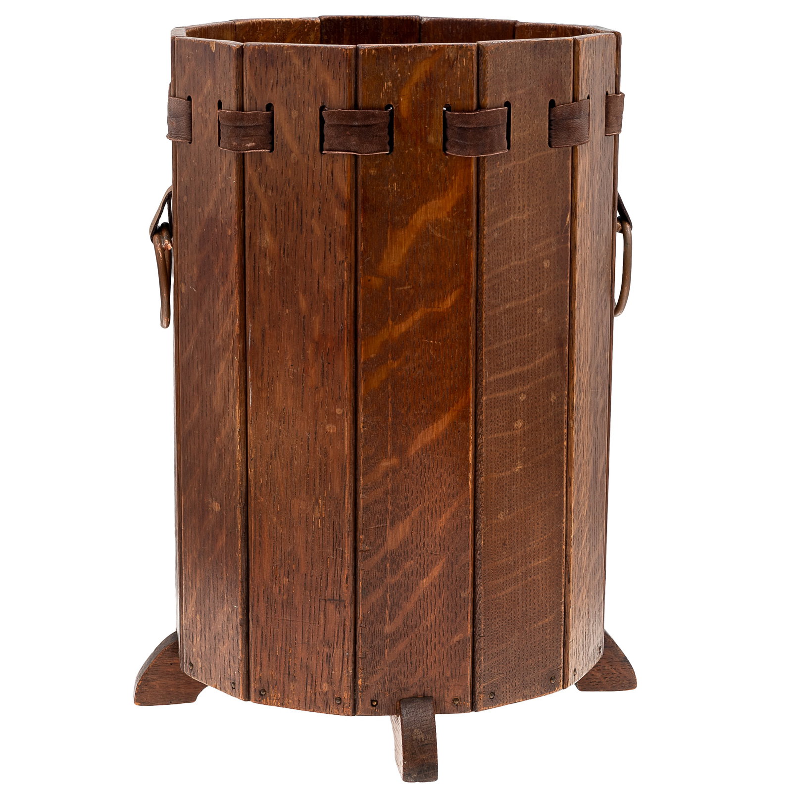 Lakeside Craft Shops Arts & Crafts Waste Basket: Lakeside Craft Shops Arts & Crafts Waste Basket Lakeside Craft Shops, Arts & Crafts oak wastebasket, featuring slatted construction with interwoven leather strap, and ring handles. Lakeside label to