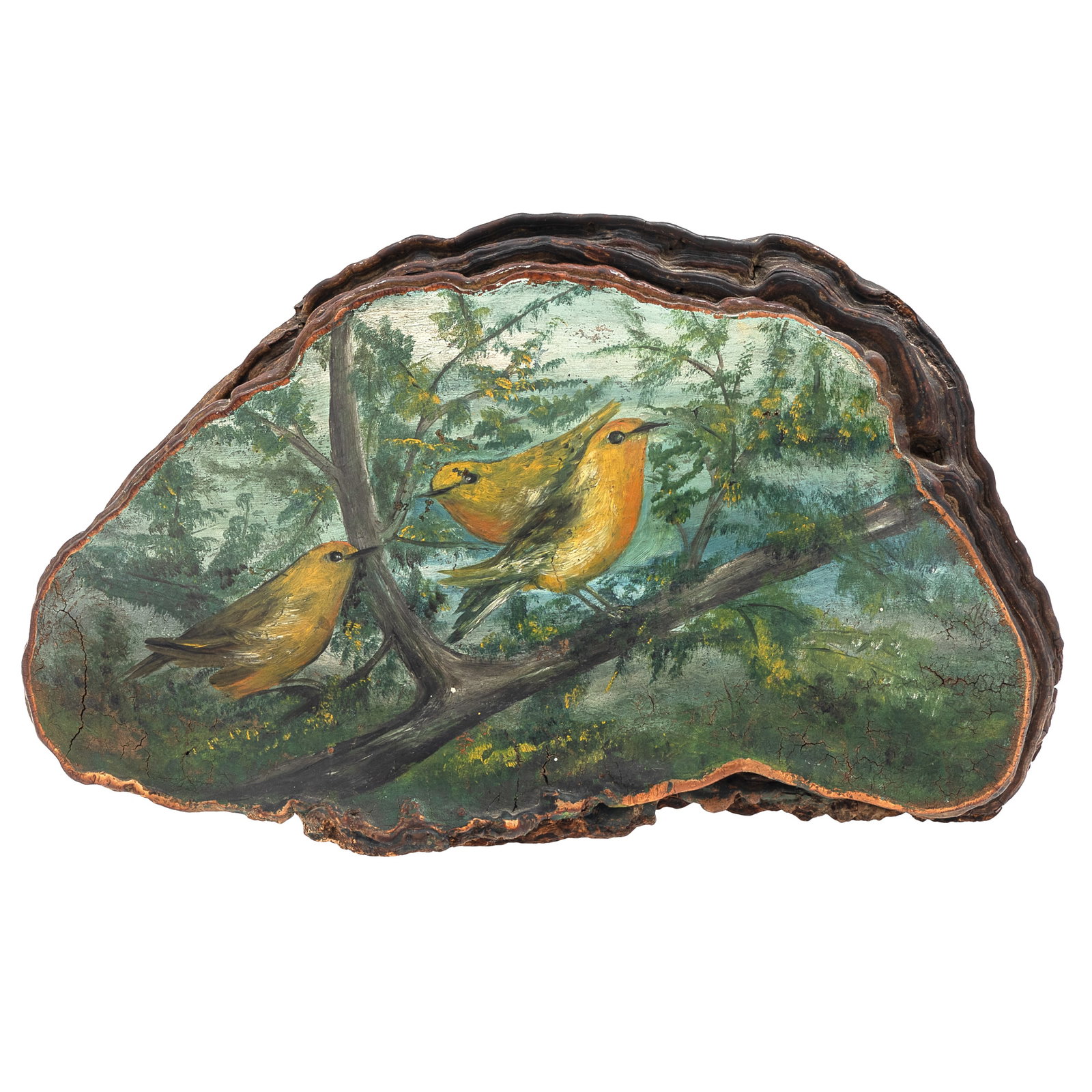 Folk Art Hand Painted Tree Conk Fungus: Folk Art Hand Painted Tree Conk Fungus Folk art hand painted tree conk fungus depicting yellow birds alighting on a tree branch. 7 1/2in. x 12 1/2in x 4in (19cm. x 31 3/4cm x 10cm) Condition: