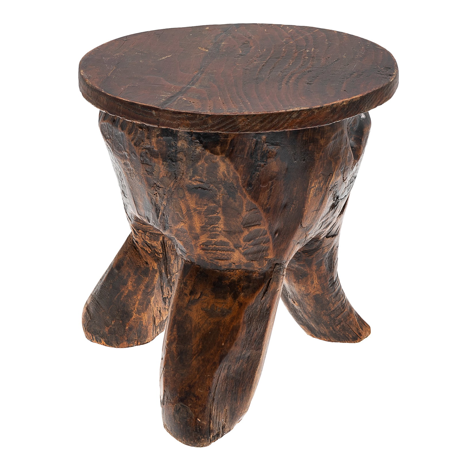 Solid Carved Wood and Live Edge Stand: Solid Carved Wood and Live Edge Stand Small carved wood and live edge three-legged stand. Unsigned. 8 1/2in. x 10in x 8in dia. (21 1/2cm. x 25 1/2cm x 20 1/4cm)