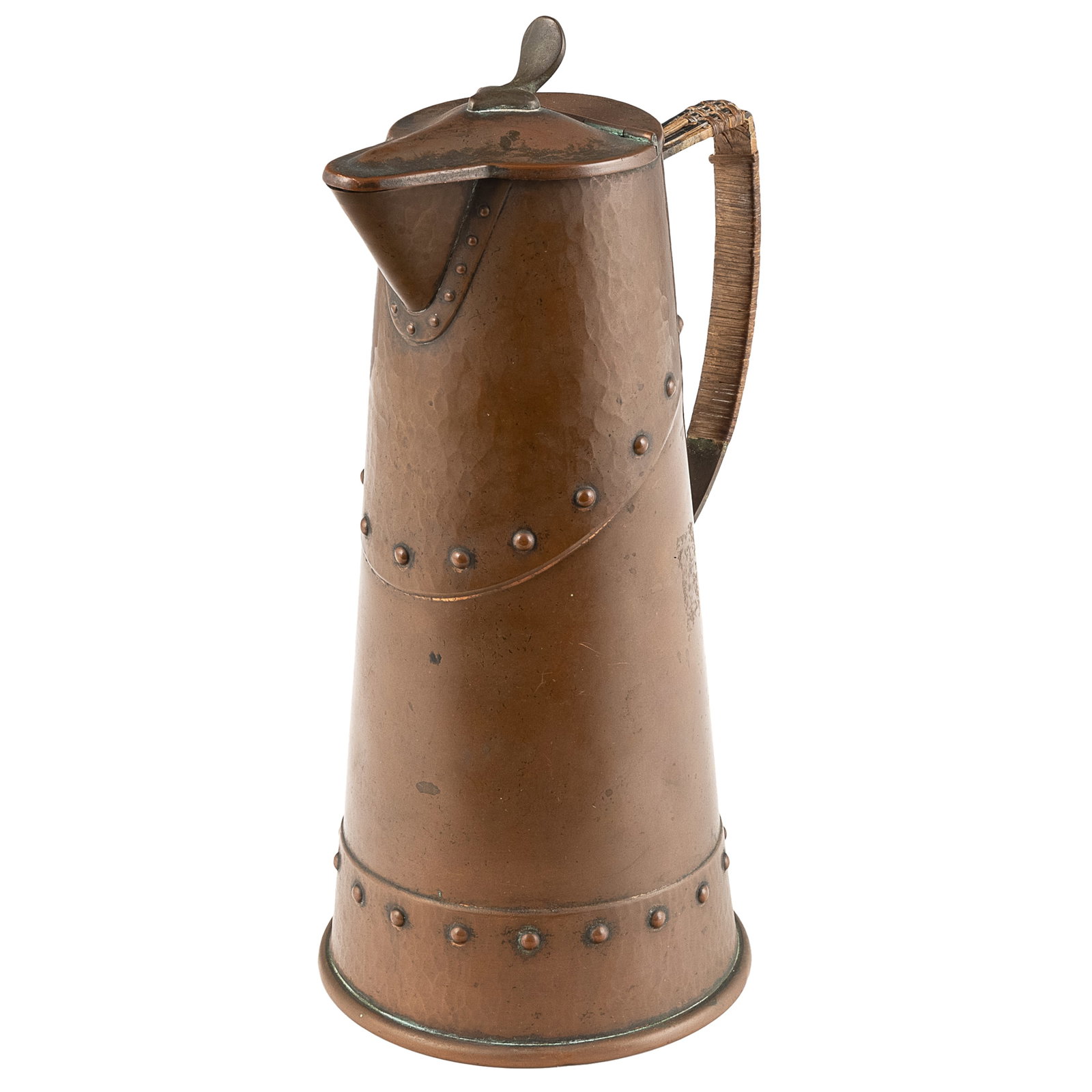 Jugendstil German Art Nouveau Copper Claret Jug: Jugendstil German Art Nouveau Copper Claret Jug WMF Jugendstil German Art Nouveau hammered copper claret jug / pitcher with rivet detail. Impressed ostrich mark to underside and number '29.' Circa