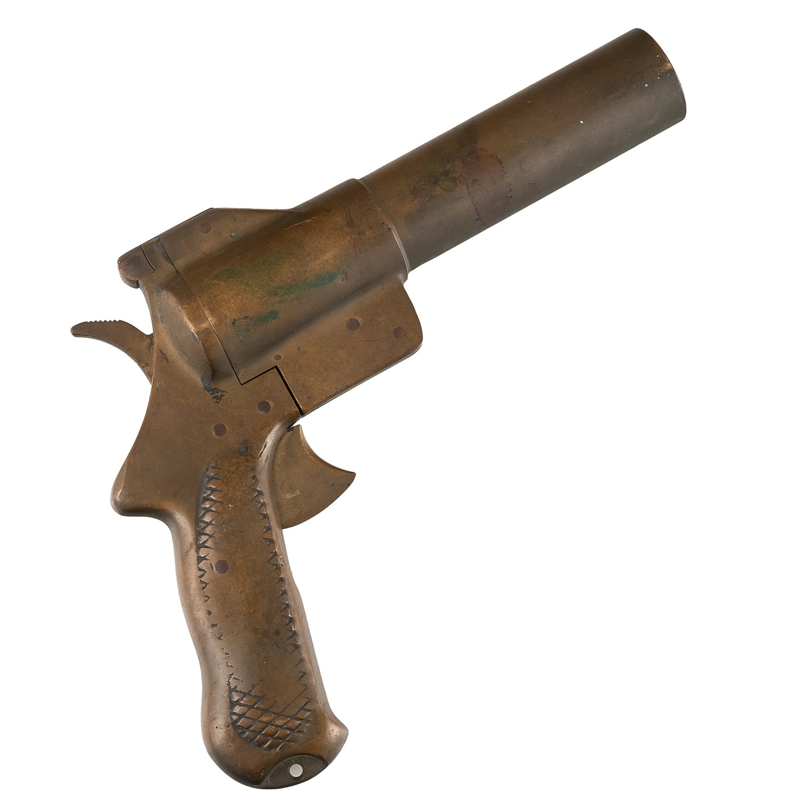 US Navy WWII Sklar 37mm Flare Pistol: US Navy WWII Sklar 37mm Flare Pistol US Navy WWII Sklar 37mm brass flare pistol. Grip with cross-hatch pattern, rubbed on one side. Serial Number 1400. Barrel: 8in (20 1/4cm) Overall: 8 1/4in h. x