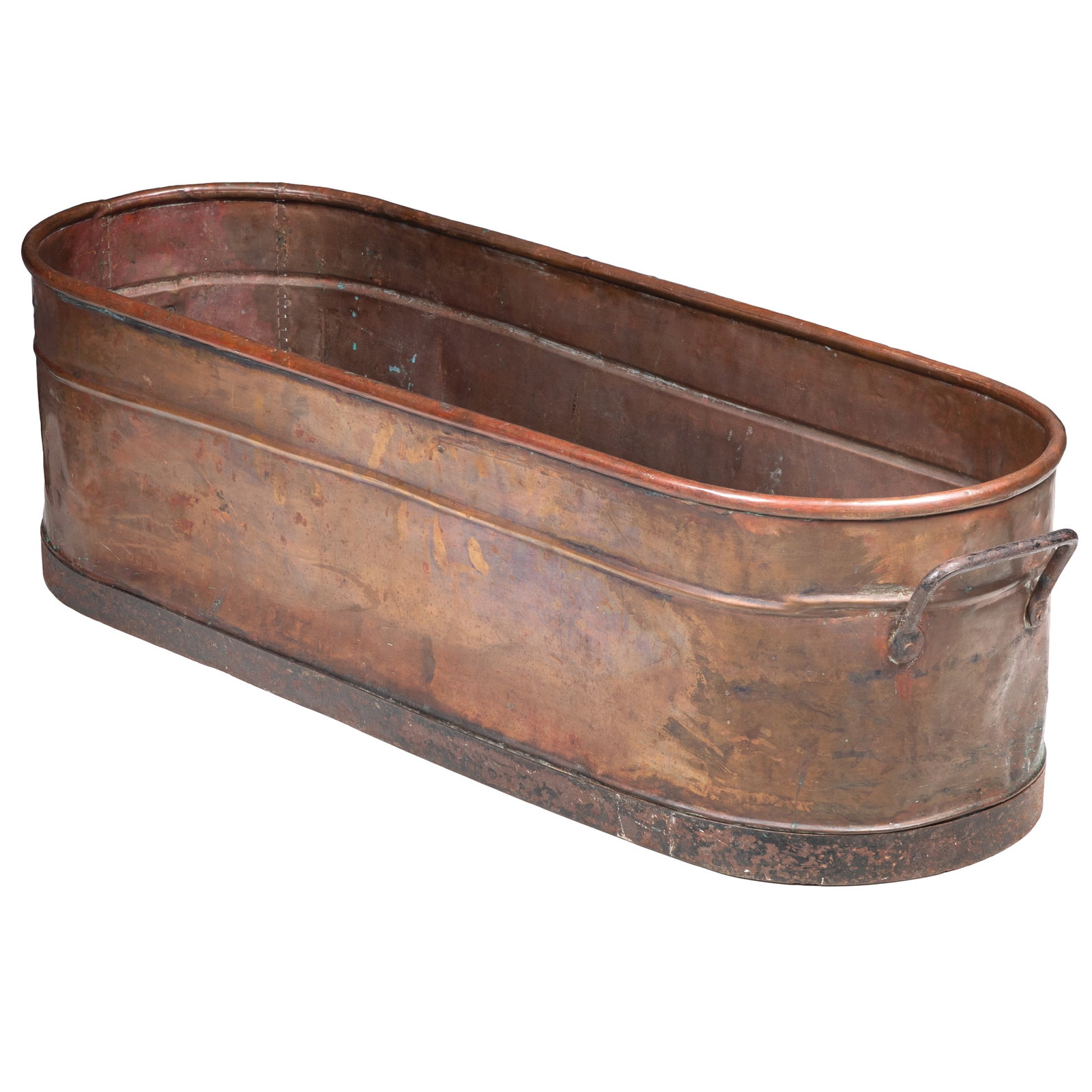 Large Oval Two-Handled Copper Basin: Large Oval Two-Handled Copper Basin Large oval two-handled copper basin. Late 19th / early 20th century. 10 1/2in. h x 36in w x 13in d (26 1/2cm. x 92cm x 33cm) Condition: Overall uneven / used surfac