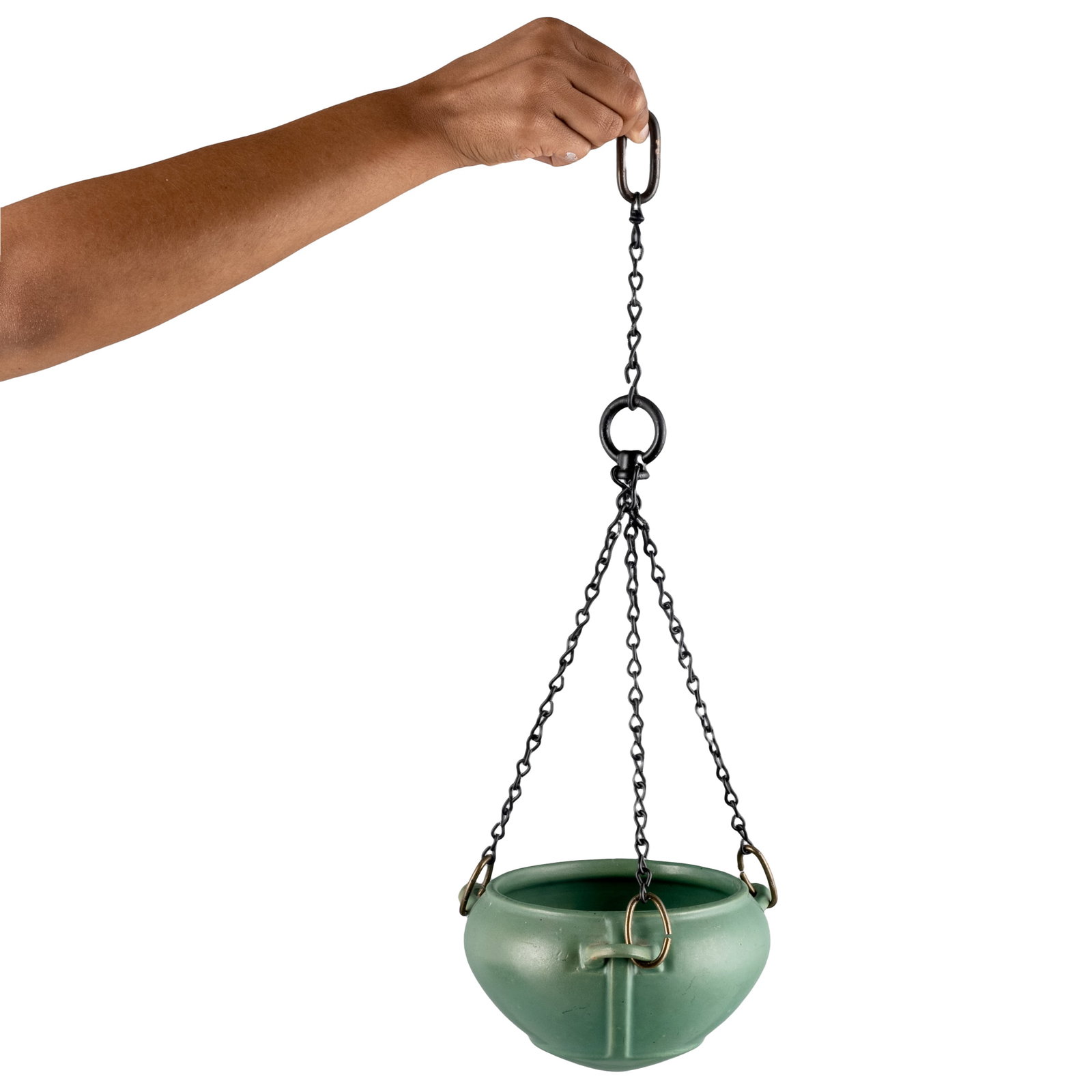 Arts & Crafts Art Pottery Hanging Basket: Arts & Crafts Art Pottery Hanging Basket Arts & Crafts three-handled art pottery hanging jardiniere, circa 1910, of conical form with a green matte glaze. Unsigned / unmarked. 5in. x 7in dia. (13cm.