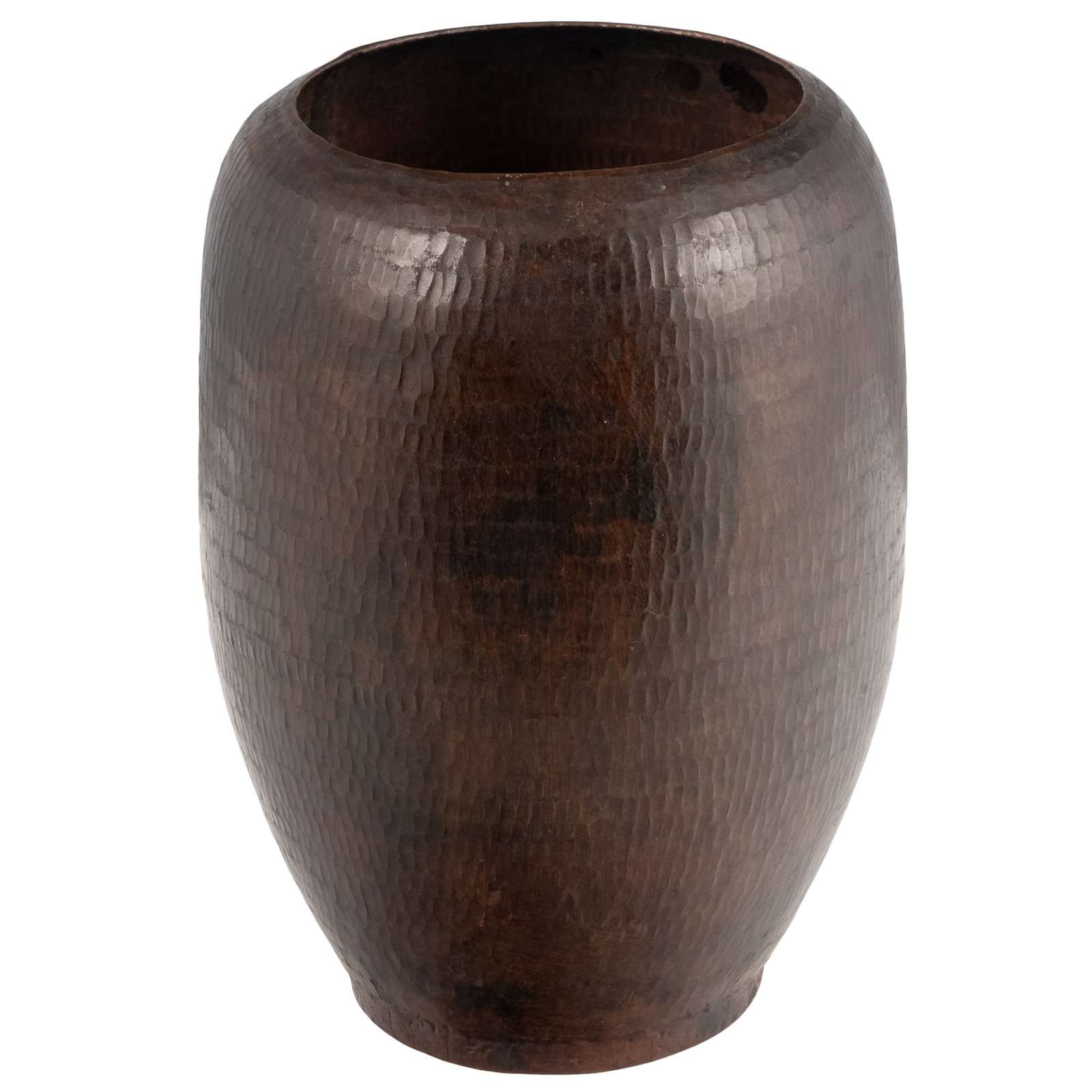 Arts & Crafts Style Hammered Copper Vase: Arts & Crafts Style Hammered Copper Vase Arts & Crafts style hammered copper vase with overall symmetrical vertical hammering. Unmarked. 8 1/2in. x 6 1/2in (22cm. x 16 1/2cm) Condition: An evident