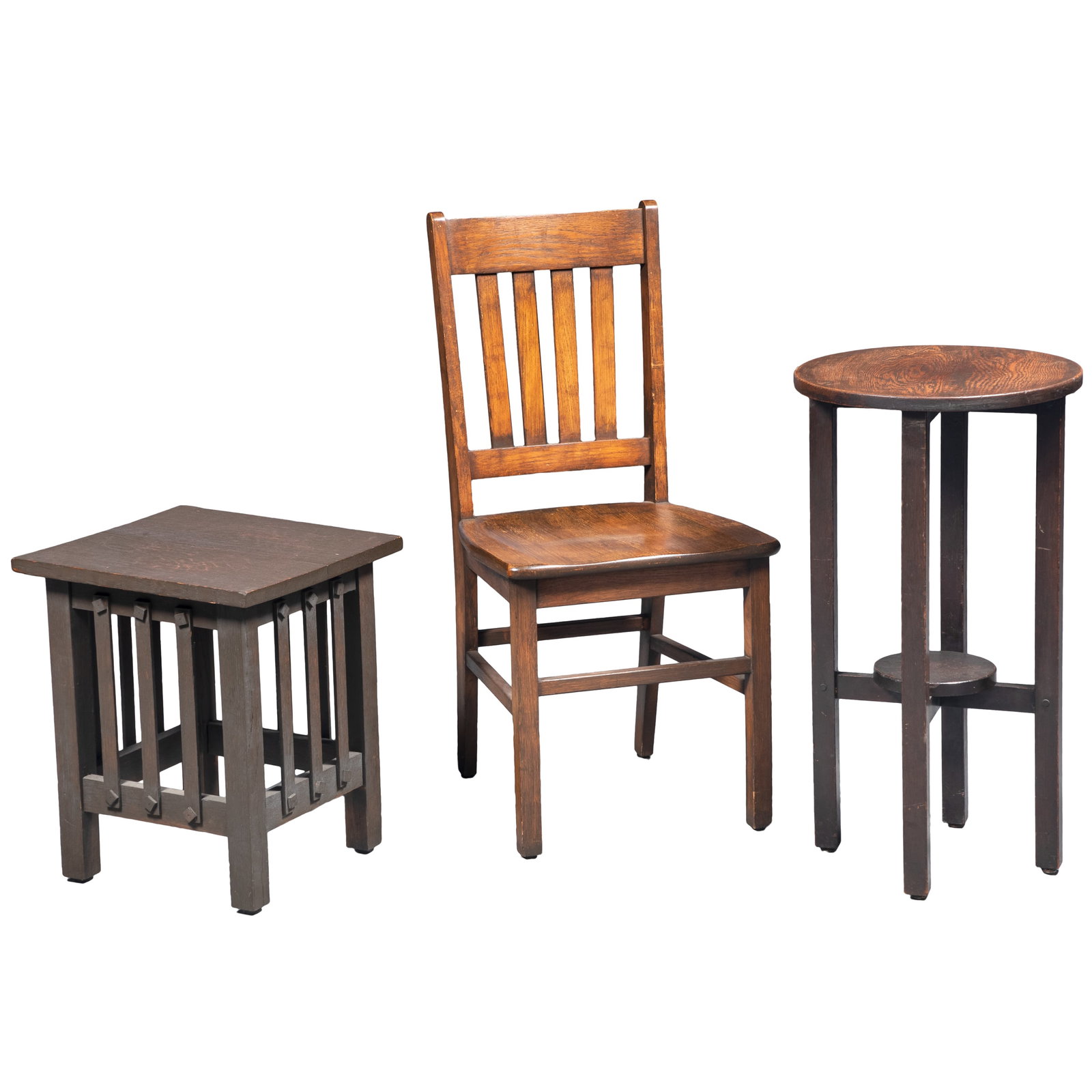 Mission Style Oak Furniture Group: Mission Style Oak Furniture Group Three pieces of Mission style oak furniture, including: a side chair, side table with iron hardware, and a plant stand. All unmarked. Chair: 36in. x 17in x 17in (91