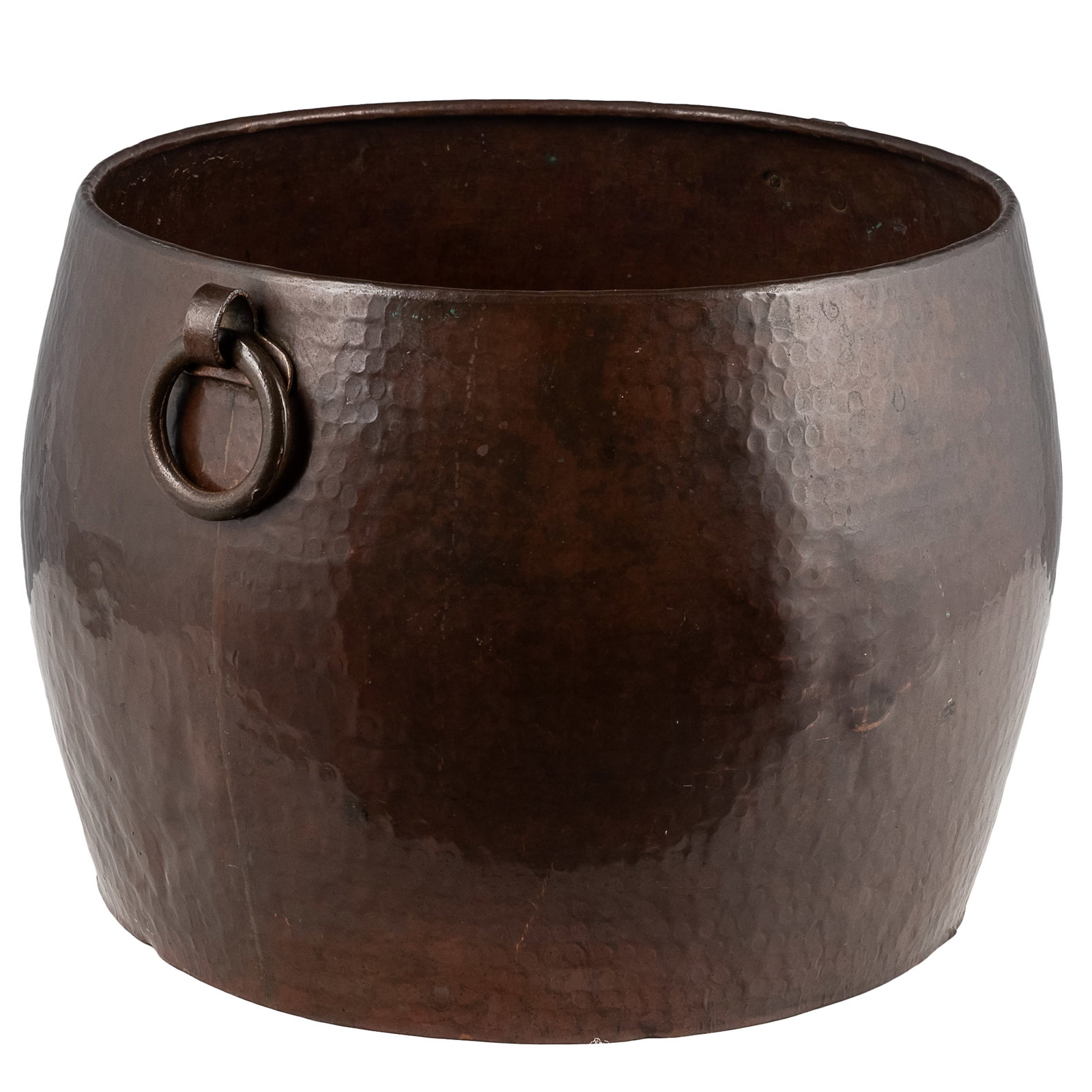 Large Hammered Copper Rounded Basin with Ring Handles: Large Hammered Copper Rounded Basin with Ring Handles Large hammered copper rounded basin with two wrought iron ring handles. Unmarked. 12in. x 17in (30 1/2cm. x 43cm)