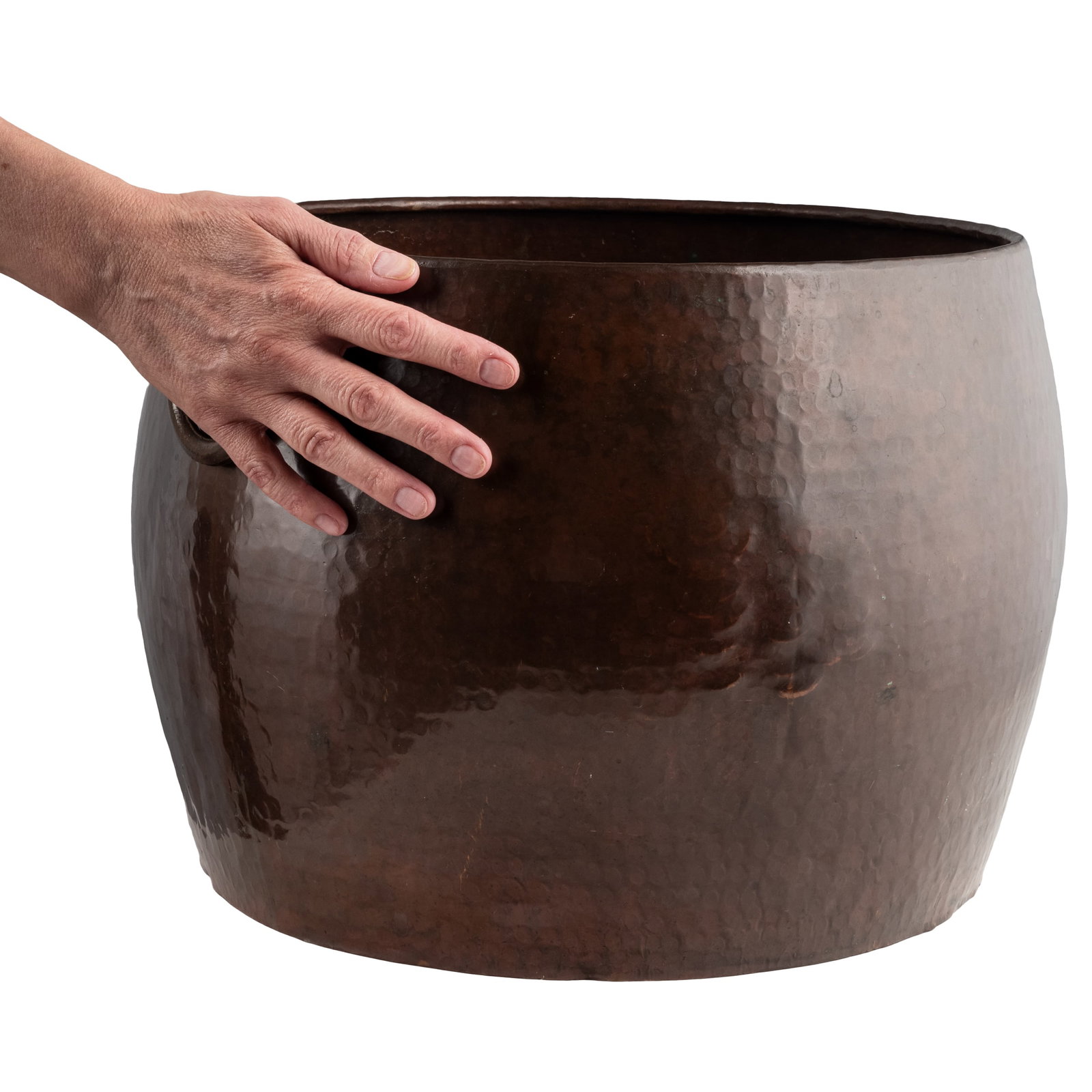 Large Hammered Copper Rounded Basin with Ring Handles - 7