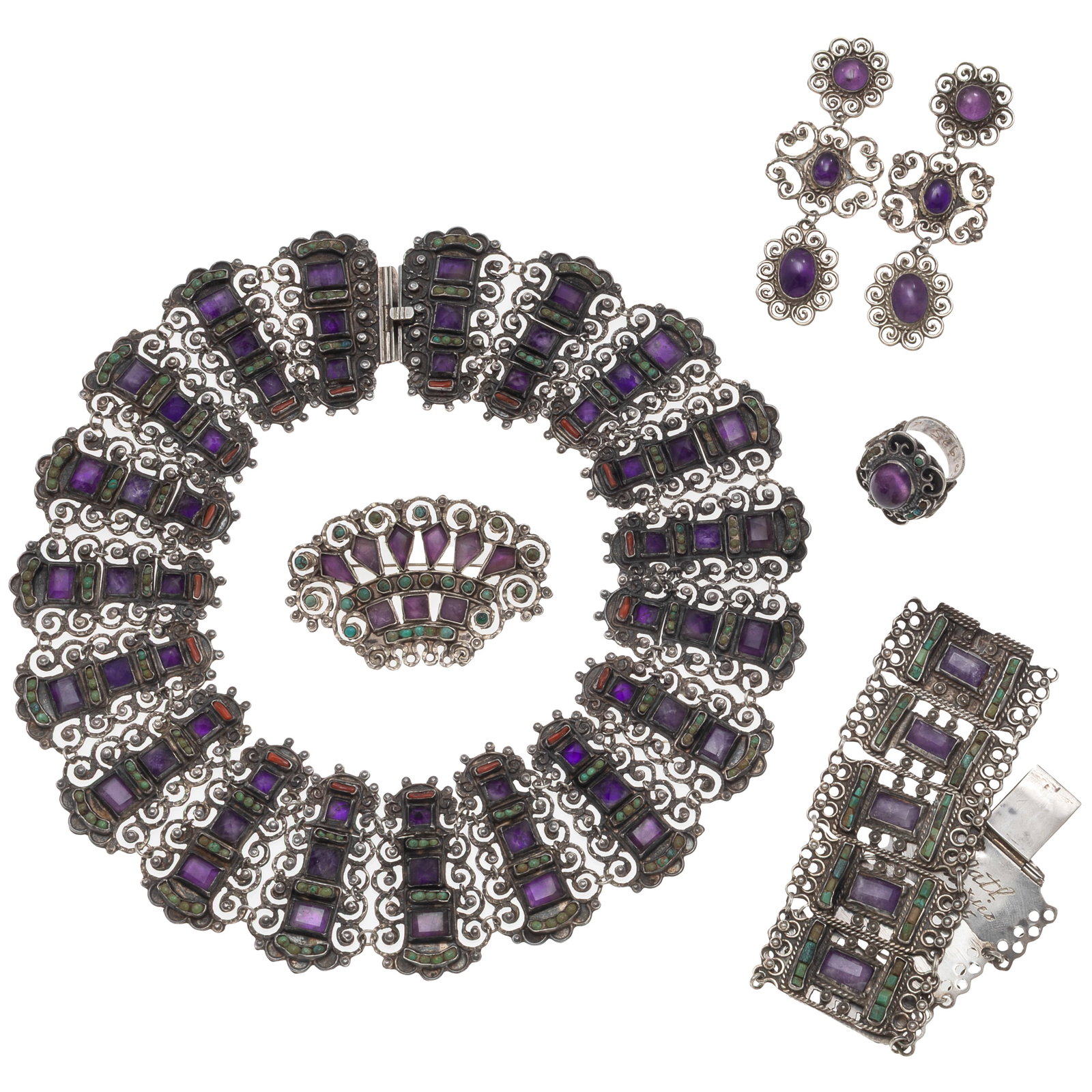 Matilde Poulat Amethyst, Turquoise, Coral, Silver Parure: Matilde Poulat Amethyst, Turquoise, Coral, Silver Parure Including a collar designed as numerous square and rectangle-cut amethyst, highlighted by turquoise and branch coral set in articulated sterlin