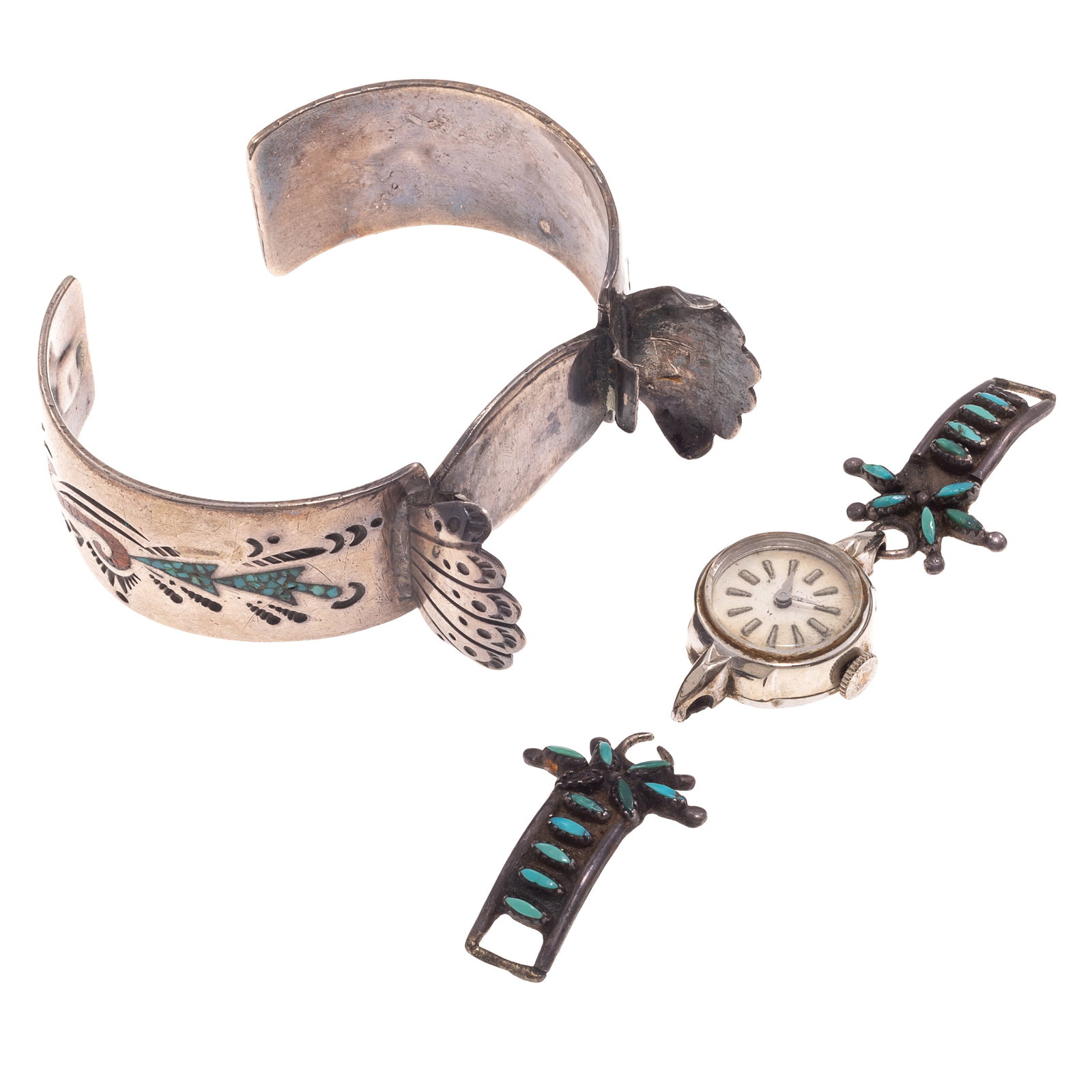 Zuni Turquoise, Sterling Silver Watch Cuff and Watch Tips: Zuni Turquoise, Sterling Silver Watch Cuff and Watch Tips Including a sterling silver watch cuff bracelet accented with inlaid turquoise, spiny oyster shell and stampwork, measuring approximately 0.75