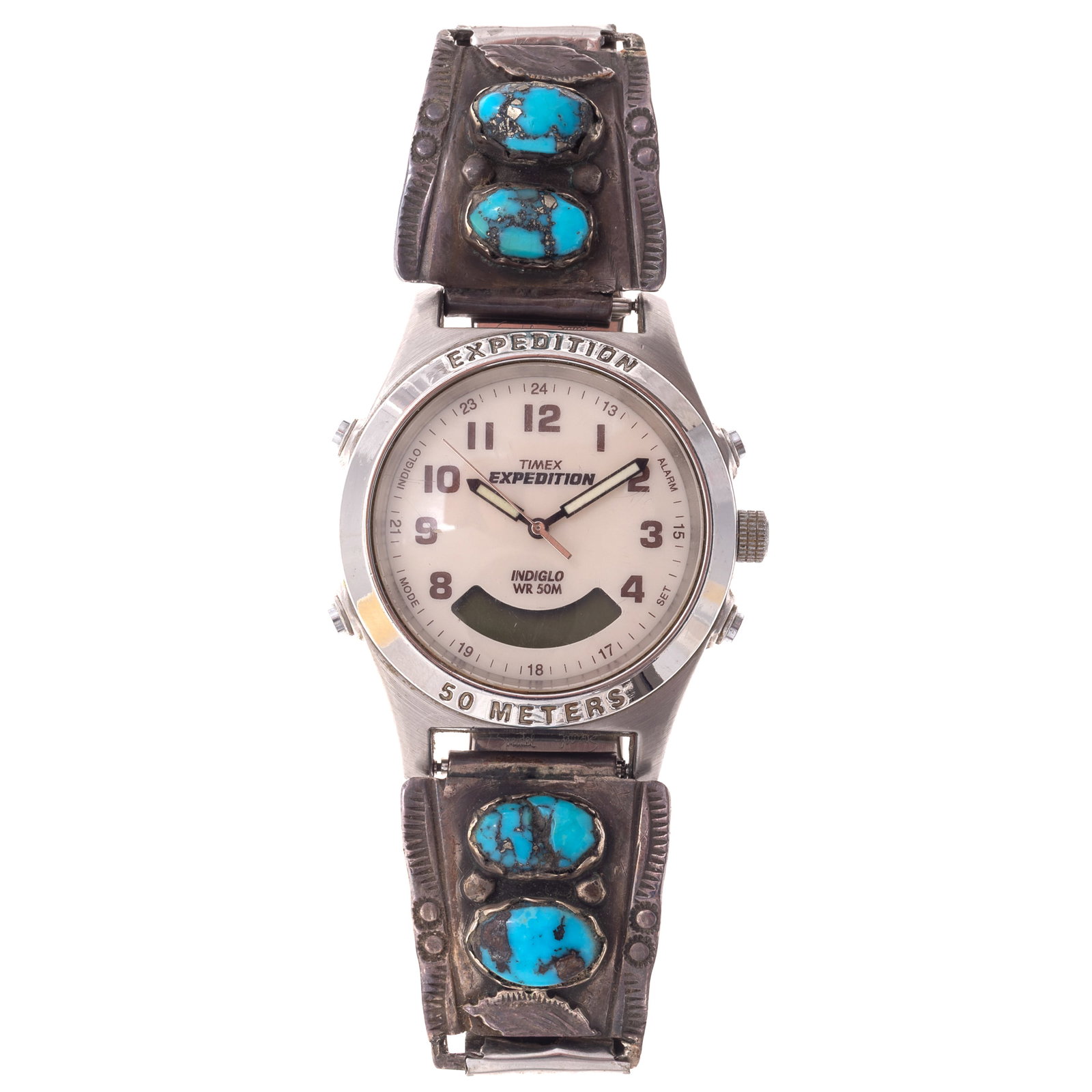 Zuni Turquoise, Sterling Silver Watch Watch Tips with Watch, Mary Jane Comer: Zuni Turquoise, Sterling Silver Watch Watch Tips with Watch, Mary Jane Comer Featuring four oval turquoise cabochons set in sterling silver watch tips highlighted with applied spheres and stampwork, j