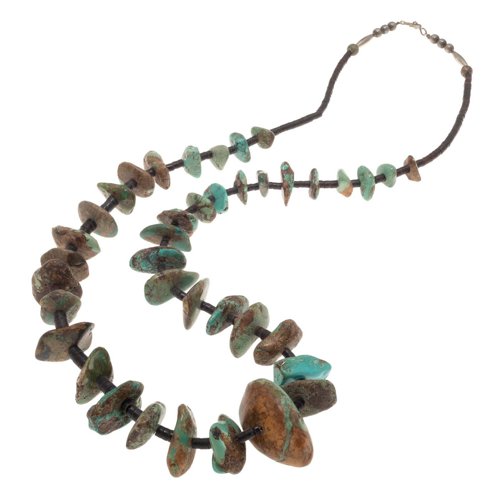 Navajo Turquoise, Shell Heishi, Sterling Silver Necklace: Navajo Turquoise, Shell Heishi, Sterling Silver Necklace Composed of graduated turquoise nuggets, measuring from approximately 1.80 x 1.70 x 0.75 inches to 0.90 x 0.60 x 0.50 inches, interspaced by sh