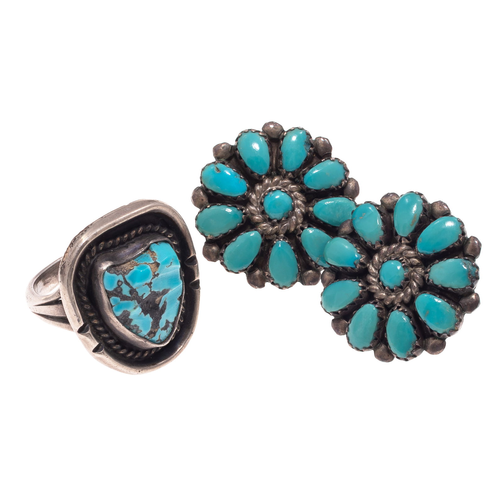 Navajo Turquoise, Silver Ring with Pair of Earrings (1 of 4)