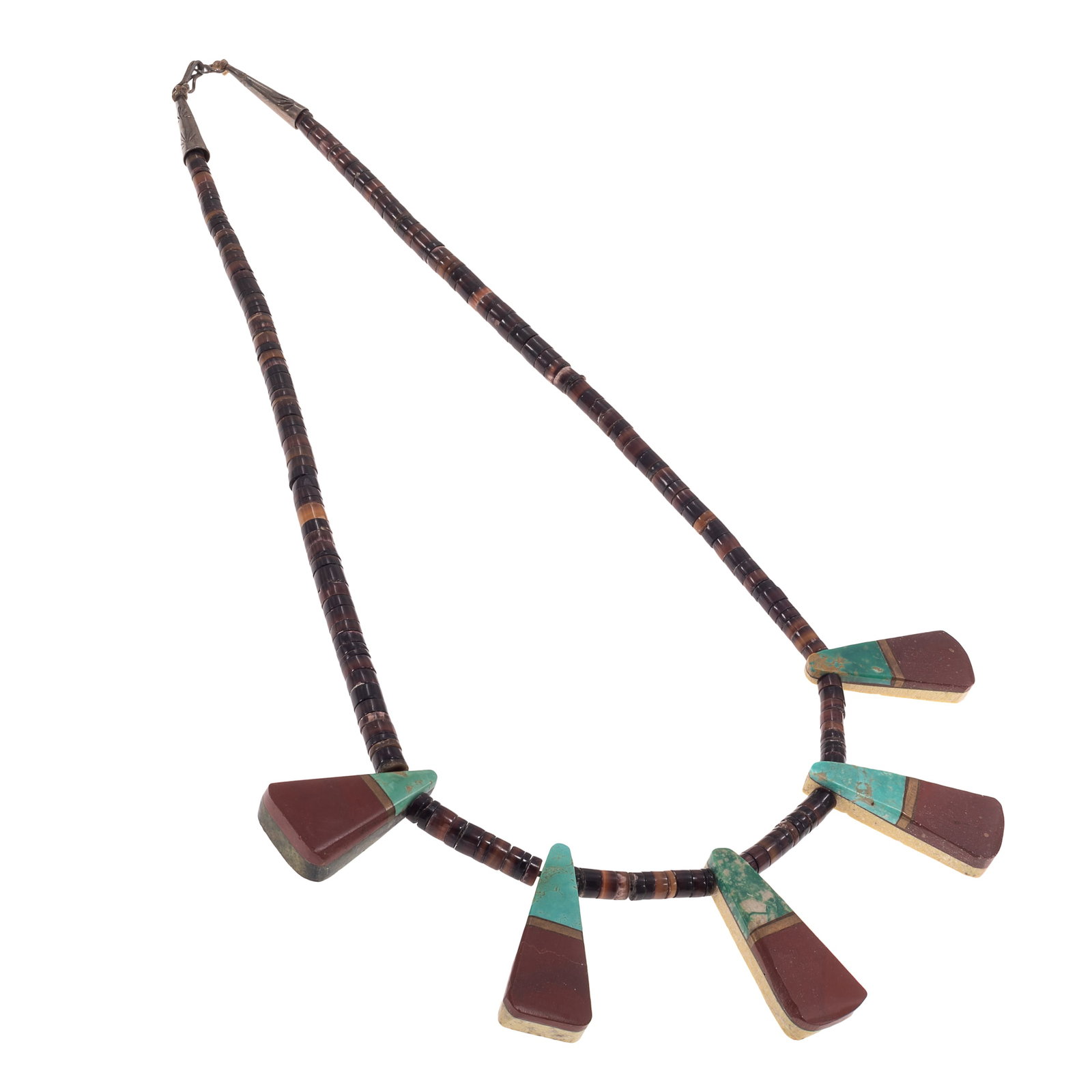 Santo Domingo Necklace: Santo Domingo Necklace Featuring five triangular tabs composed of turquoise, bauxite, serpentine, bone and brass, suspended by rolled shell heishi beads, completed by a sterling silver hook and eye cl