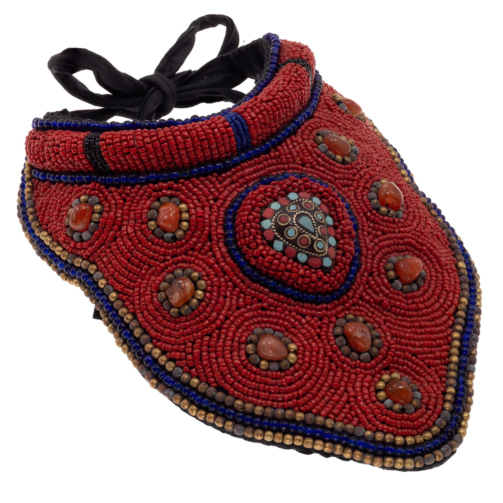 Tibetan/Nepalese Beaded Collar Necklace: Tibetan/Nepalese Beaded Collar Necklace Centering a pear-shape panel highlighting simulated 'turquoise' and 'coral,' highlighted by scattered carnelian agate beads within a field of woven glass and br
