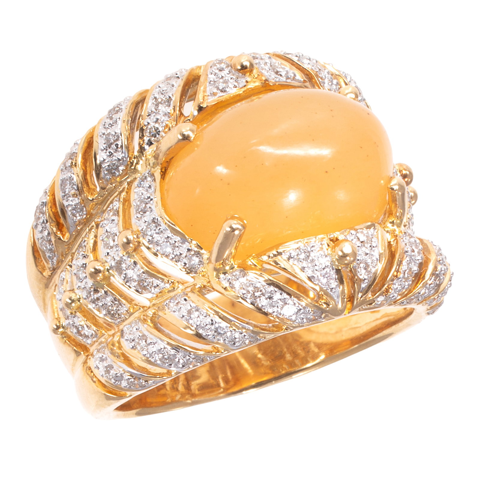 Jade, Diamond, 18k Yellow Gold Ring: Jade, Diamond, 18k Yellow Gold Ring Centering one oval yellow jade double cabochon measuring approximately 14.56 x 10.68 x 8.38 mm, accented by seventy-six round brilliant-cut diamonds weighing a tota