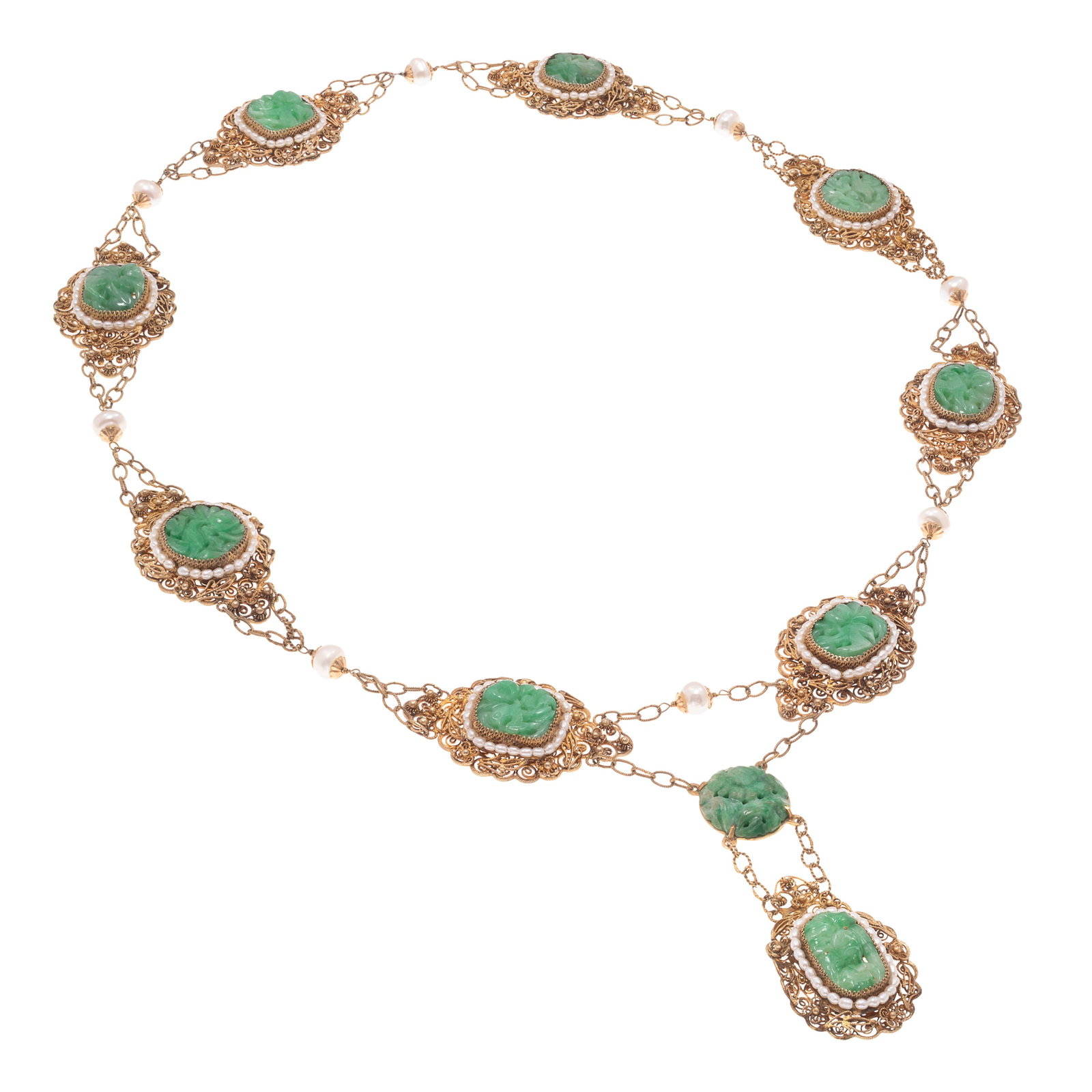 Chinese Art Deco Jade, Cultured Pearl, Silver Gilt Necklace: Chinese Art Deco Jade, Cultured Pearl, Silver Gilt Necklace Featuring ten foliate carved and pierced jade plaques framed by seed pearls and interspaced by baroque cultured pearls, set in silver gilt, 