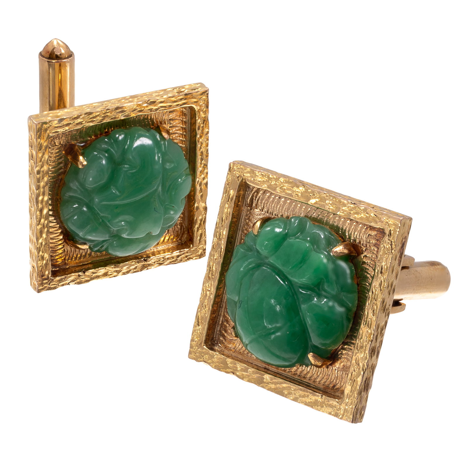 Pair of Jade, 10k Yellow Gold Cufflinks: Pair of Jade, 10k Yellow Gold Cufflinks Centering a carved jade cabochon, set in a square, 10k yellow gold cufflink mounting, each measuring approximately 0.70 inches (18.0 mm). Gross weight: 14.0 gra