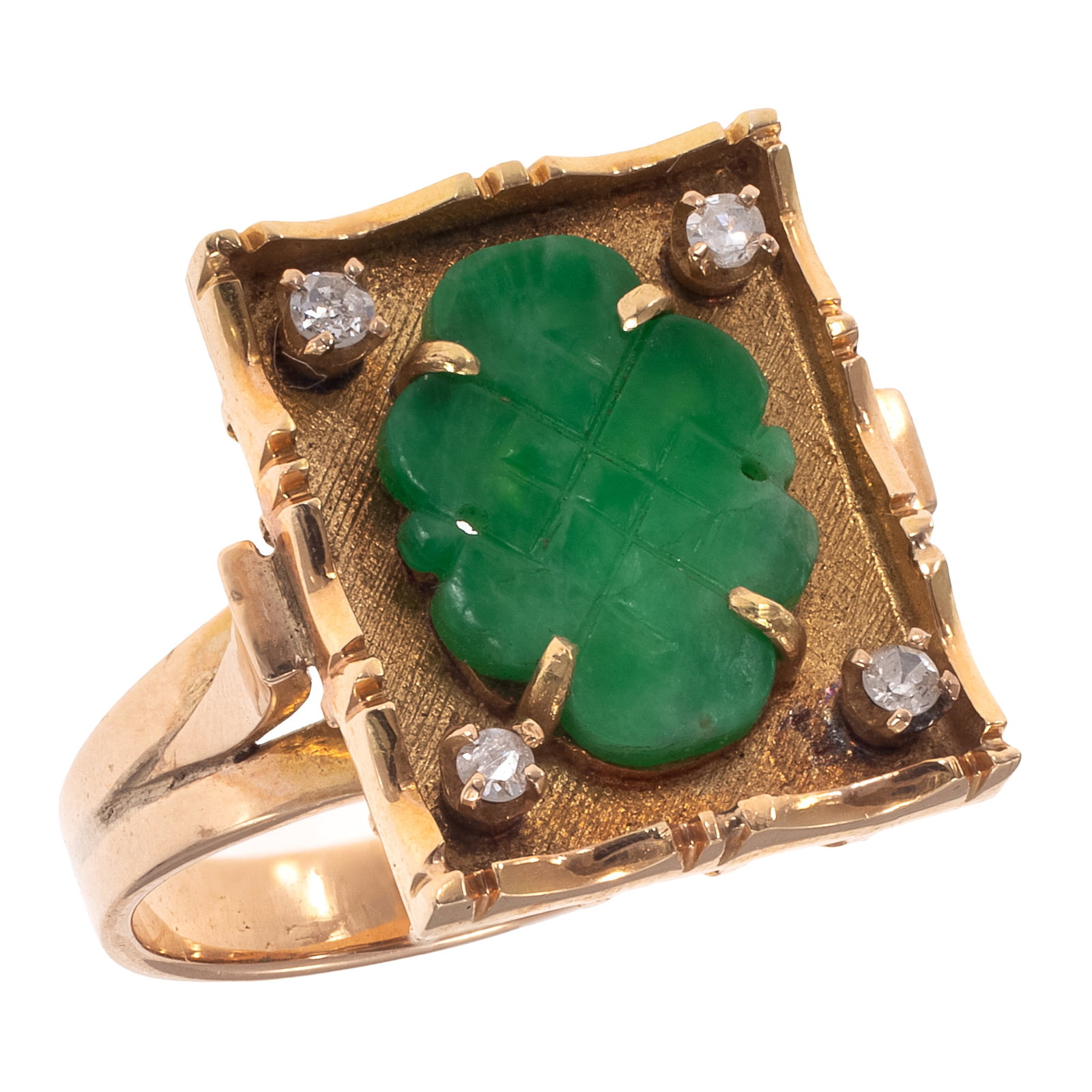 Jade, Diamond, 14k Yellow Gold Ring: Jade, Diamond, 14k Yellow Gold Ring Centering one oval carved and pierced jade plaque, framed by four single-cut diamonds weighing a total of approximately 0.08 cttw., set in a textured, 14k yellow go