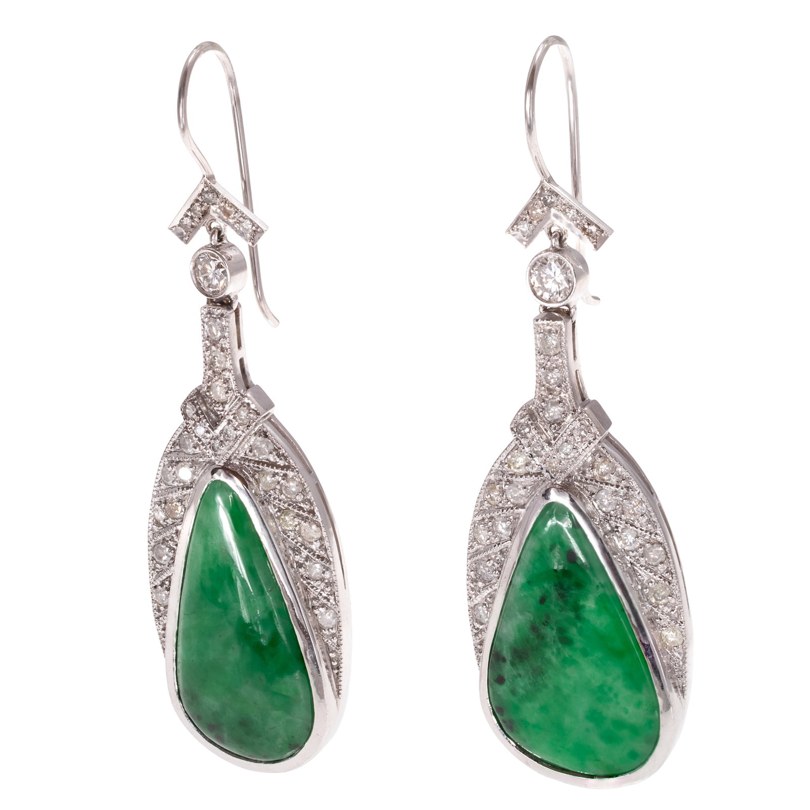 Pair of Jadeite Jade, Diamond, 14k White Gold Earrings: Pair of Jadeite Jade, Diamond, 14k White Gold Earrings Each featuring a pear-shape jadeite jade cabochon measuring approximately 27.0 x 14.5 mm and 25.0 x 3.4 mm, accented by twenty-eight round brilli