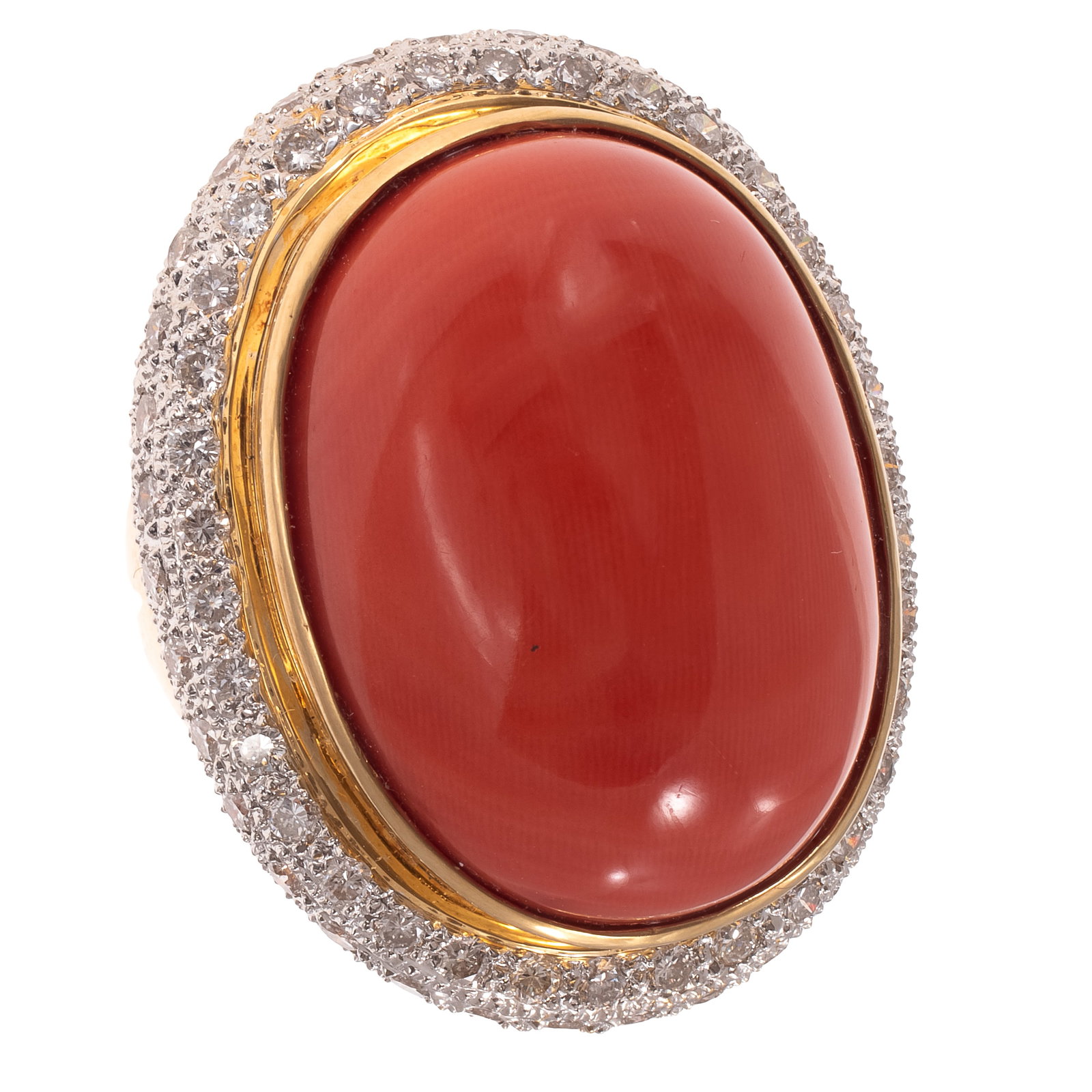 Coral, Diamond, 18k Yellow Gold Ring: Coral, Diamond, 18k Yellow Gold Ring Centering one oval coral cabochon measuring approximately 28.0 x 20.8 mm, framed by numerous round brilliant-cut diamonds weighing a total of approximately 3.09 ct