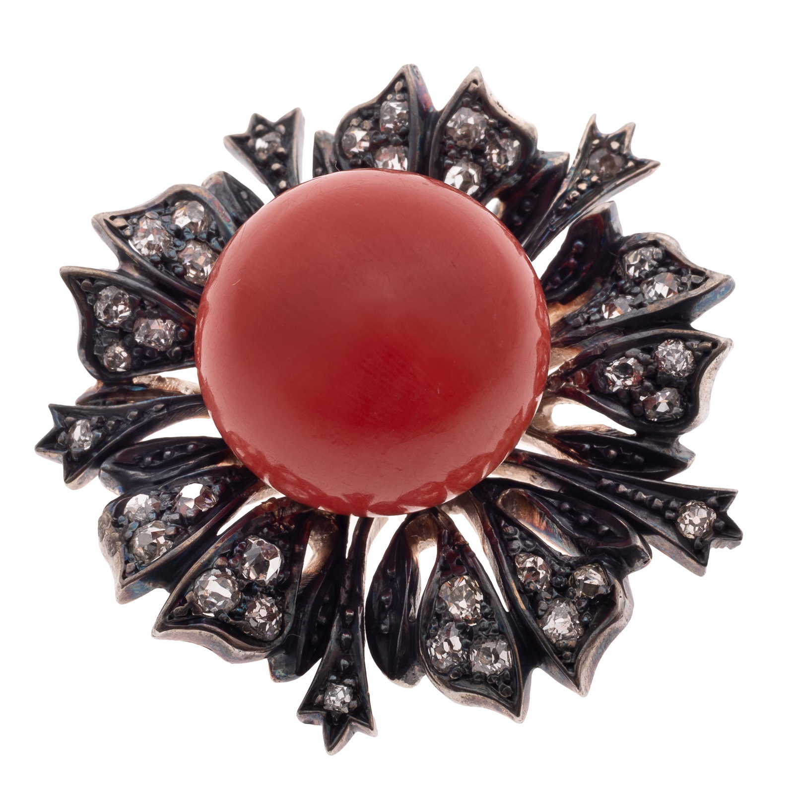 Coral, Diamond, 10k, Silver Pin: Coral, Diamond, 10k, Silver Pin Designed as a flower, centering one round coral cabochon weighing 10.0 cts., accented by thirty-five old cut diamonds weighing a total of approximately 1.00 cttw., set 