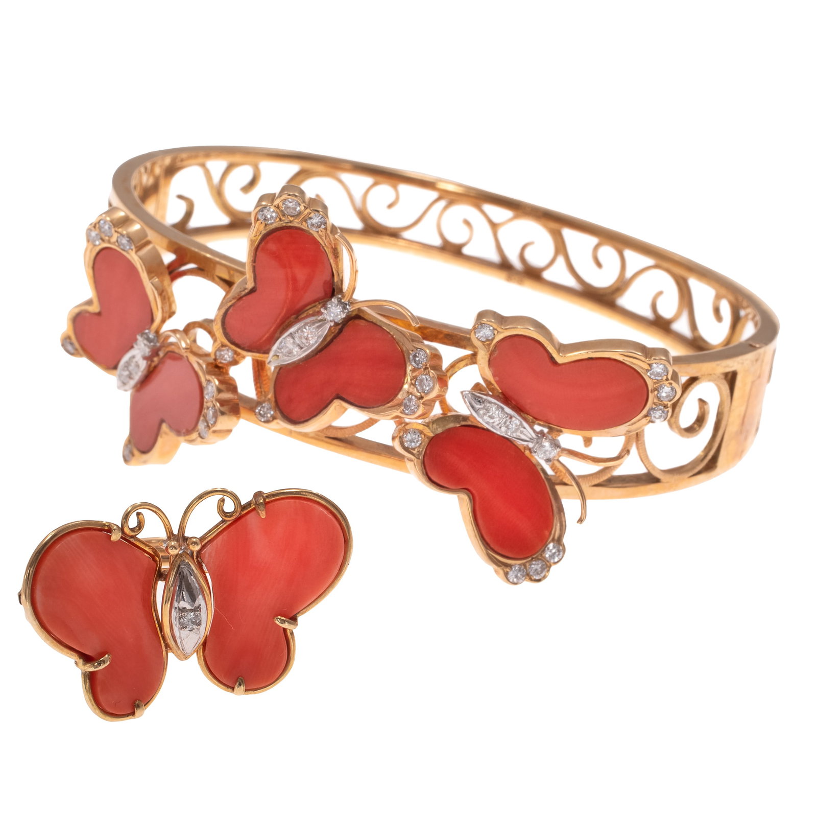 Coral, Diamond, 14k Yellow Gold Jewelry Suite: Coral, Diamond, 14k Yellow Gold Jewelry Suite Including a bracelet featuring three coral, round brilliant-cut diamond butterflies set in a hinged, 14k yellow gold mounting completed by a tongue-and-gr