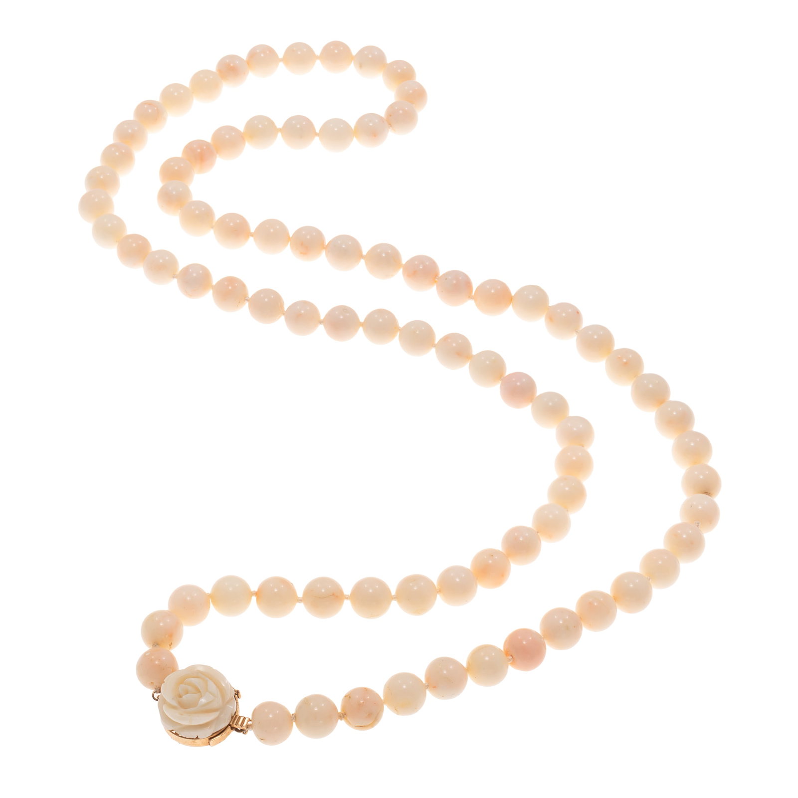 Angel Skin Coral, 14k Yellow Gold Necklace: Angel Skin Coral, 14k Yellow Gold Necklace Composed of eighty-two round coral beads, each measuring approximately 10.0 mm, completed by a carved coral, 14k yellow gold tongue-and-groove clasp, forming