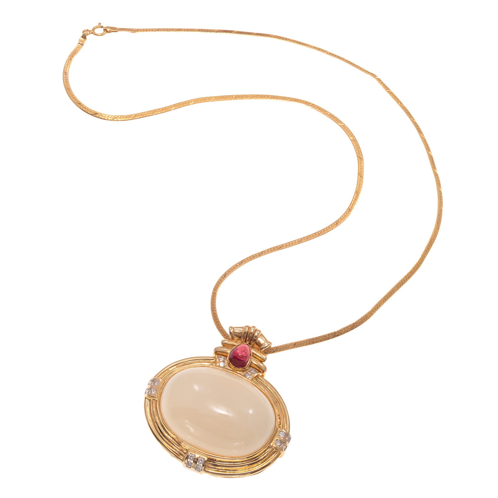 Coral, Diamond, Tourmaline, 14k Necklace: Coral, Diamond, Tourmaline, 14k Necklace Featuring one oval coral cabochon measuring approximately 31.83 x 23.00 mm, topped by one pear-shape pink tourmaline cabochon measuring approximately 7.86 x 5.