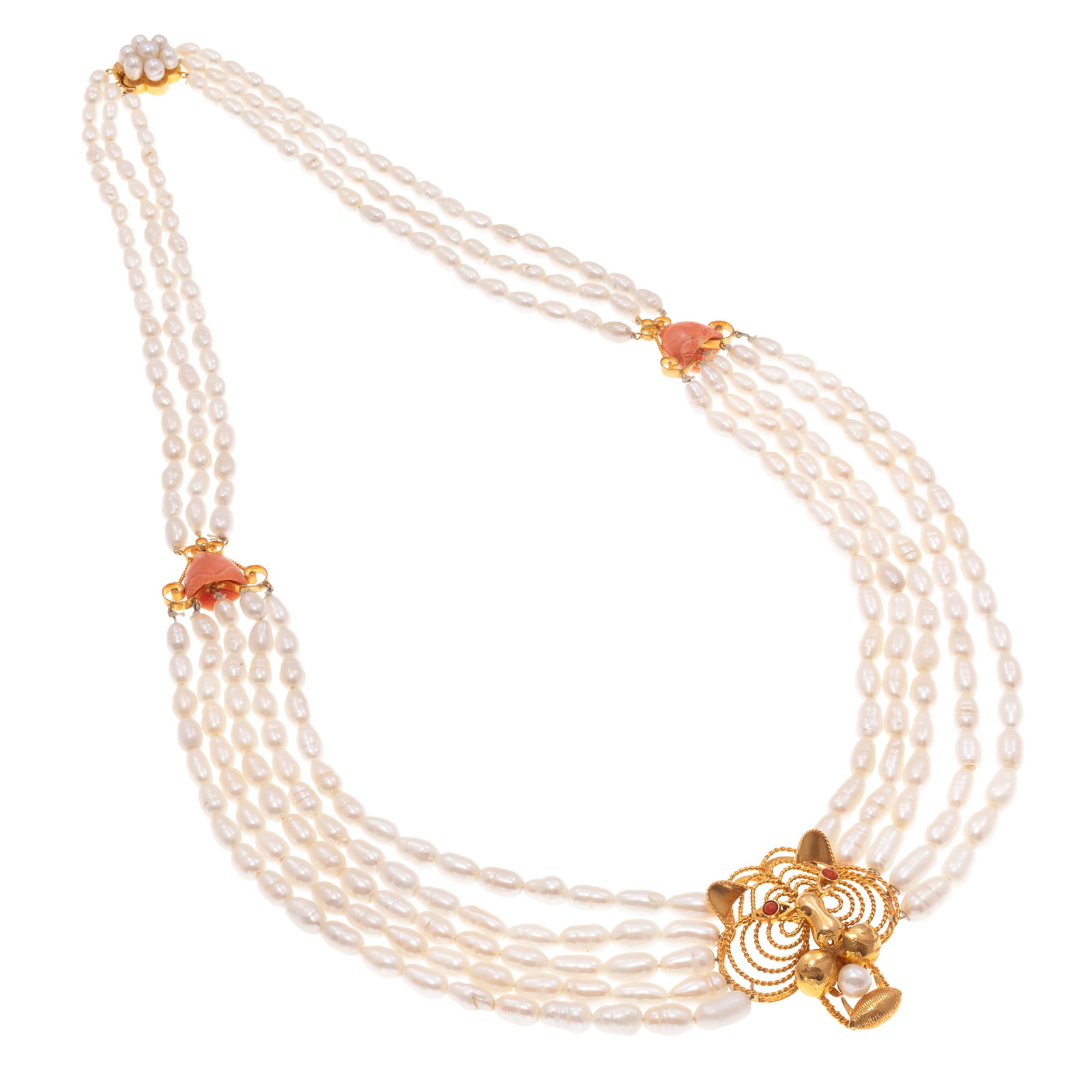 Freshwater Cultured Pearl, Coral, 18k 'Tiger' Necklace: Freshwater Cultured Pearl, Coral, 18k 'Tiger' Necklace Featuring an 18k yellow gold tiger, the eyes two round coral cabochons, the mouth featuring one near round freshwater cultured pearl, joined by n