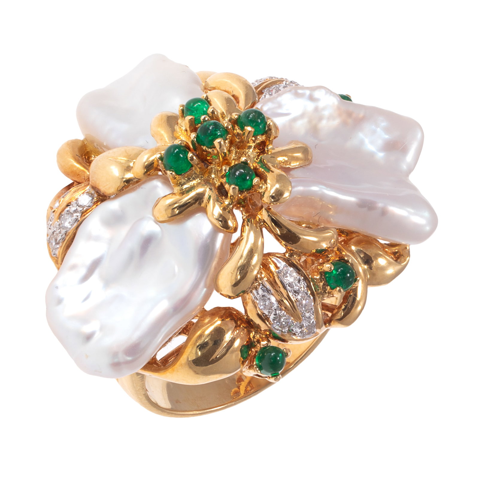 Diamond, Emerald, Freshwater Pearl, 18k 'Flower' Ring: Diamond, Emerald, Freshwater Pearl, 18k 'Flower' Ring Designed as a flower, the petals three freshwater pearls, accented by eight round emerald cabochons weighing a total of approximately 0.48 cttw., 