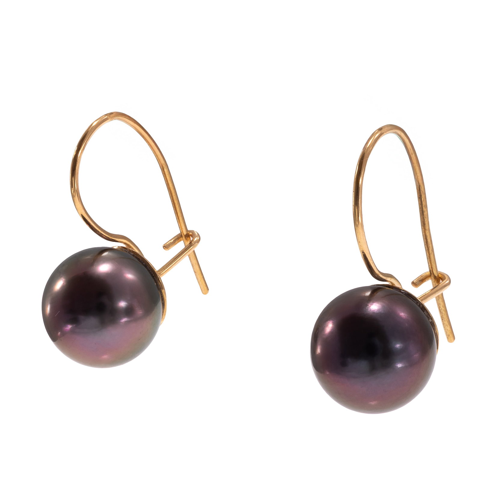 Pair of South Sea Cultured Pearl, 18k Earrings: Pair of South Sea Cultured Pearl, 18k Earrings Each featuring one round South Sea cultured pearl measuring approximately 11.4 mm and 10.85 mm, set in an 18k yellow gold earring mounting. Gross weight: