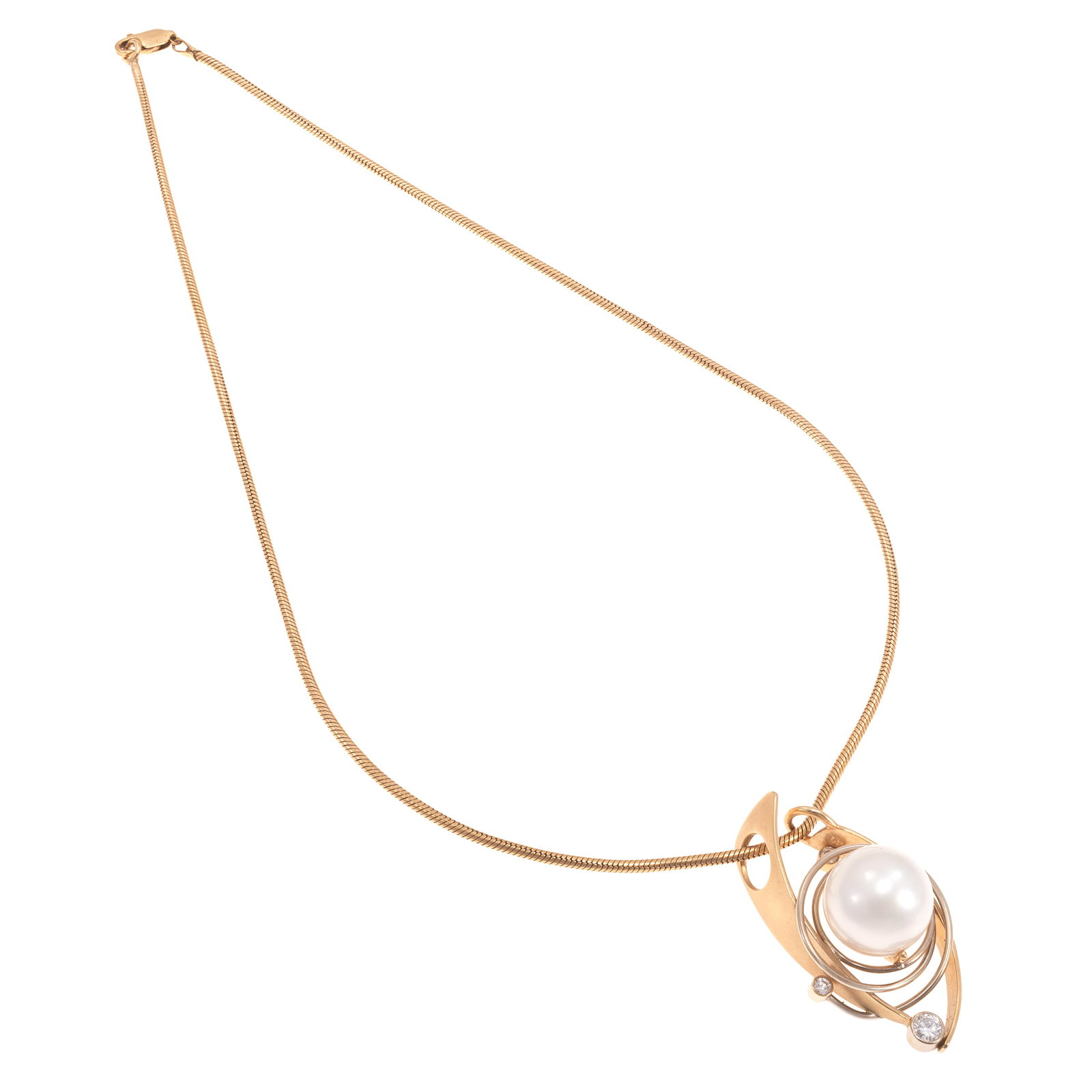 South Sea Cultured Pearl, Diamond, 14k Yellow Gold Necklace: South Sea Cultured Pearl, Diamond, 14k Yellow Gold Necklace Featuring one round South Sea Cultured Pearl measuring approximately 14.0 mm, accented by three round brilliant-cut diamonds weighing a tota