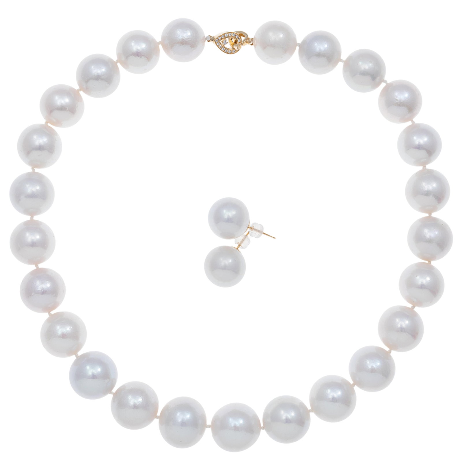 South Sea Cultured Pearl, Diamond, 14k Jewelry Suite: South Sea Cultured Pearl, Diamond, 14k Jewelry Suite Composed of twenty-five near round South Sea cultured pearls graduating from approximately 14.95 to 16.5 mm, completed by a full-cut diamond, 14k y