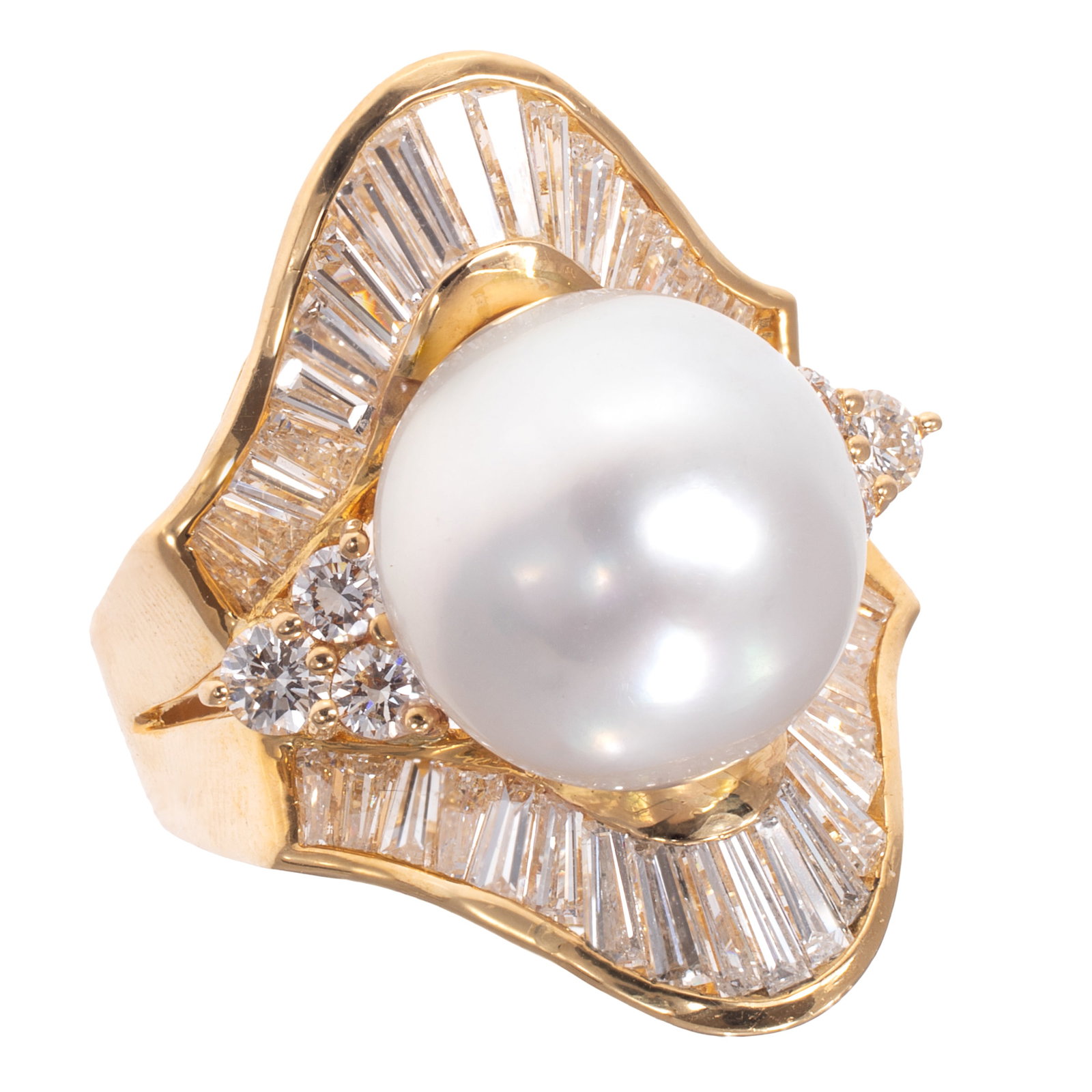 South Sea Cultured Pearl, Diamond, 18k Ballerina Ring: South Sea Cultured Pearl, Diamond, 18k Ballerina Ring Centering one round South Sea cultured pearl measuring approximately 13.1 mm, accented by forty-three round brilliant and baguette-cut diamonds we