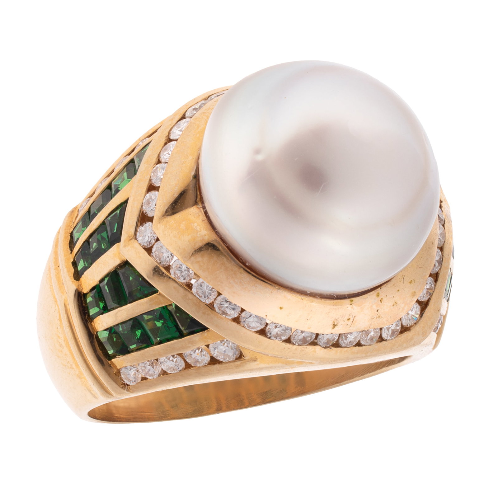 Cultured Pearl, Diamond, Tsavorite Garnet, 18k Ring (1 of 5)
